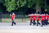 The Major General's Review 2011: Drum Major Tony Taylor, No. 7 Company Coldstream Guards, leading the Band of the Irish Guards, marching next to St. James's Park on the way to the parade ground..
Horse Guards Parade, Westminster,
London SW1,
Greater London,
United Kingdom,
on 28 May 2011 at 10:16, image #21
