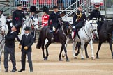 The Major General's Review 2011: In place of the Roloyal Colonels during the rehearsal, and riding their horses, from the left Colonel Ben Farrel for Prince William, the Duke of Cambridge, the Queen's Stud Groom, for the Prince of Wales,  Captain Thomas Maitland-Mackill-Chrighton for the Duke of Kent, and Major Twumasi-Ankrah for the Princess Royal..
Horse Guards Parade, Westminster,
London SW1,
Greater London,
United Kingdom,
on 28 May 2011 at 10:59, image #105