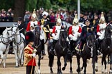 The Major General's Review 2011: Brigade Major Household Division, Lieutenant Colonel A P Speed, leading the Royal Procession, followed by four Troopers of The Life Guards, during the Inspection of the Line. Behind the Troopers the carriage representing the ivory mounted phaeton, behind it Major General Cubitt..
Horse Guards Parade, Westminster,
London SW1,
Greater London,
United Kingdom,
on 28 May 2011 at 11:05, image #126