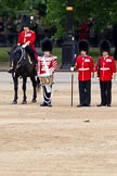 The Major General's Review 2011: The Lone Drummer, Lance Corporal Gordon Prescott, about to leave the line. On the left the Major of the parade, Major B P N Ramsay, Welsh Guards, on the right of the Keeper of the Ground Company Sergeant Major B J Robertson..
Horse Guards Parade, Westminster,
London SW1,
Greater London,
United Kingdom,
on 28 May 2011 at 11:14, image #148