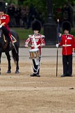 The Major General's Review 2011: The Lone Drummer, Lance Corporal Gordon Prescott, about to leave the line. On the left the Major of the parade, Major B P N Ramsay, Welsh Guards, on the right the Keeper of the Ground for No. 1 Guard..
Horse Guards Parade, Westminster,
London SW1,
Greater London,
United Kingdom,
on 28 May 2011 at 11:15, image #149