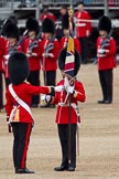 The Major General's Review 2011: The Regimental Sergeant Major,  WO1 A I Mackenzie, is about to hand the Colour over to the Ensign on the left..
Horse Guards Parade, Westminster,
London SW1,
Greater London,
United Kingdom,
on 28 May 2011 at 11:20, image #160