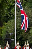 The Major General's Review 2011: Troopers from The Life Guards waiting on the rim of St. James’s Park. Union Jack waving..
Horse Guards Parade, Westminster,
London SW1,
Greater London,
United Kingdom,
on 28 May 2011 at 11:49, image #232