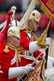 The Major General's Review 2011: The Standard Bearer, Squadron Corporal Major B K Gibson, The Life Guards, and the Trumpeter, Lance Corporal Benjamin Ruffa (sp?), The Life Guards..
Horse Guards Parade, Westminster,
London SW1,
Greater London,
United Kingdom,
on 28 May 2011 at 11:58, image #257