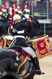 The Major General's Review 2011: The kettle drummer from The Band of the Blues and Royals, saluting by crossing his drum sticks..
Horse Guards Parade, Westminster,
London SW1,
Greater London,
United Kingdom,
on 28 May 2011 at 11:59, image #262