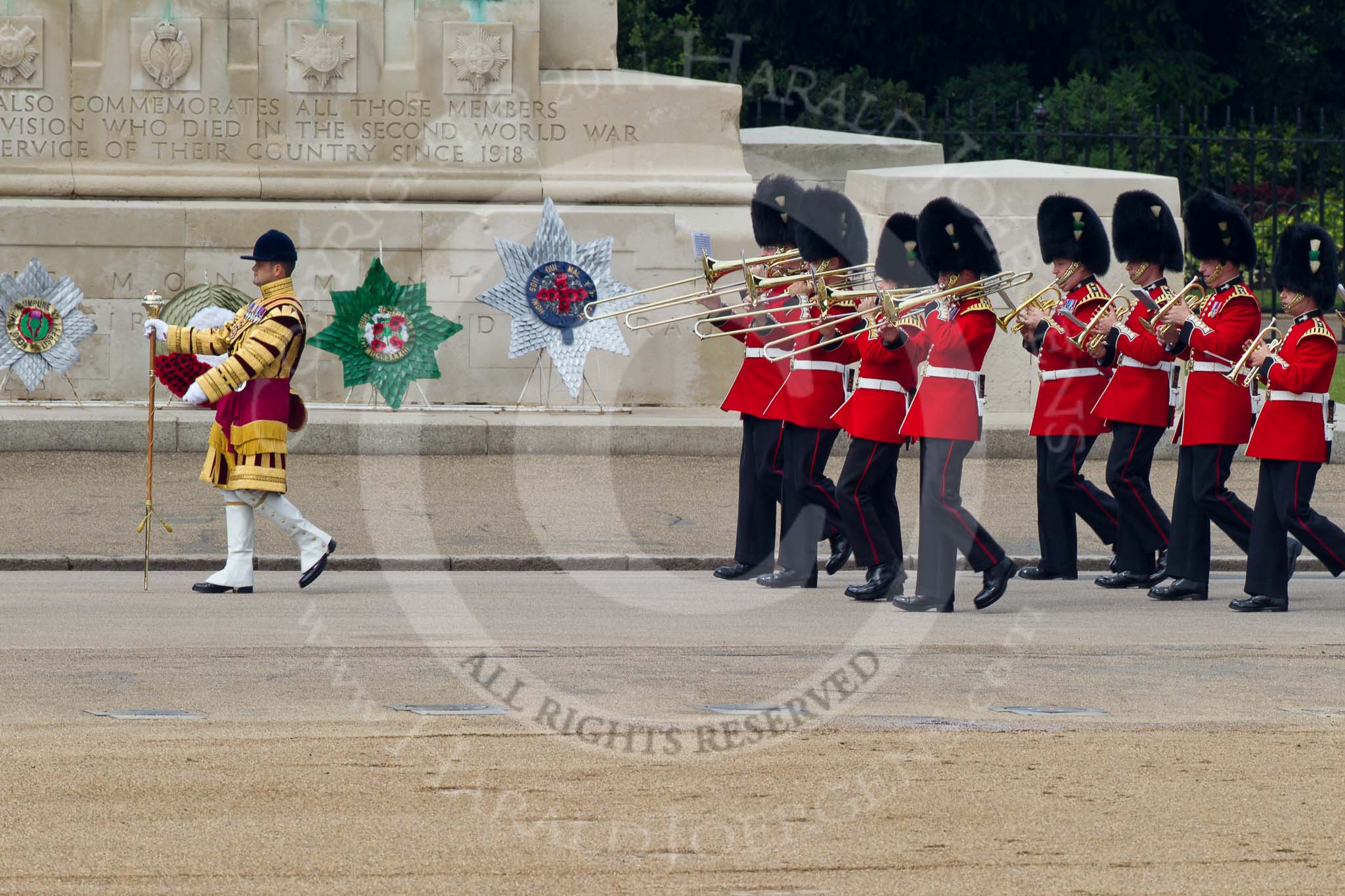 Trooping the Colour 2011: Senior Drum Major Ben Roberts, Coldstream Guards, and the Band of the Welsh Guards, on Horseguards Road, in front of the Guards Memorial..
Horse Guards Parade, Westminster,
London SW1,
Greater London,
United Kingdom,
on 11 June 2011 at 10:13, image #14