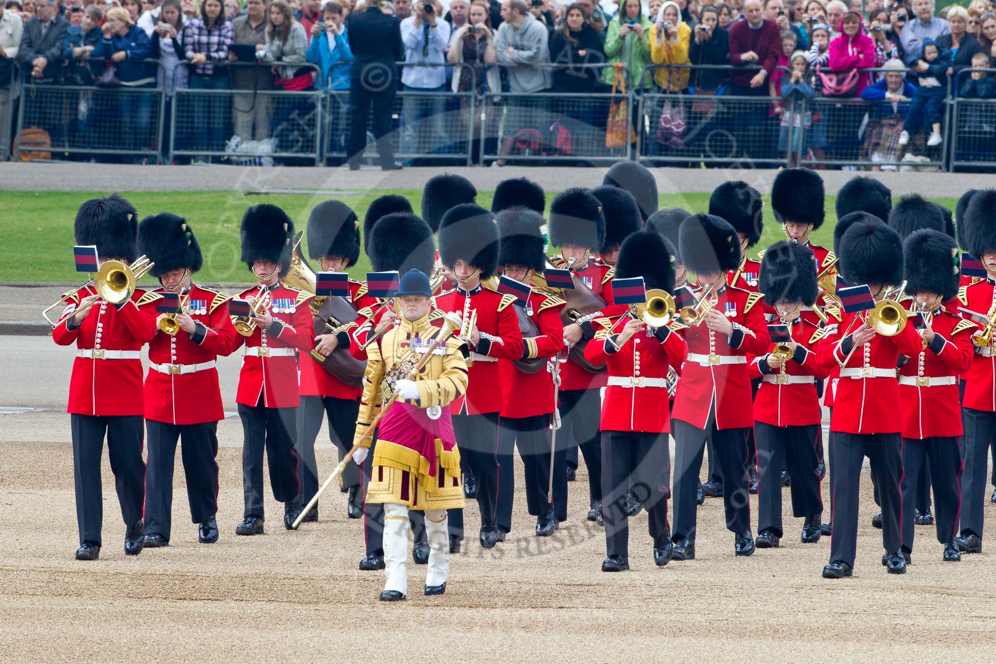 Trooping the Colour 2011: Senior Drum Major Ben Roberts, Coldstream Guards, leading the Band of the Welsh Guards from Horseguards Road onto Horse Guards Parade..
Horse Guards Parade, Westminster,
London SW1,
Greater London,
United Kingdom,
on 11 June 2011 at 10:13, image #16