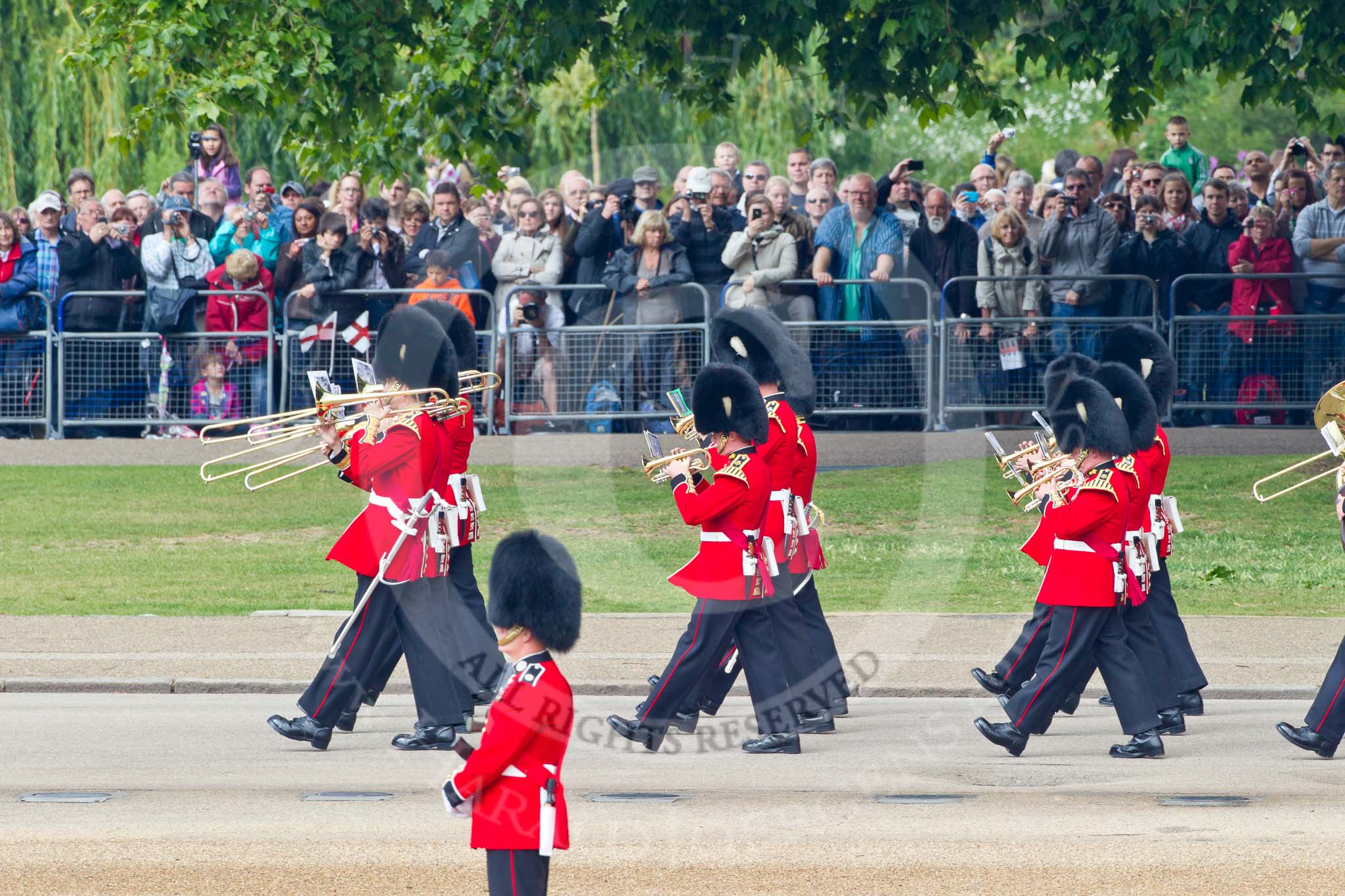 Trooping the Colour 2011: The Band of the Grenadier Guards on the way to the parade ground, in front of spectators wtaching from St. James's Park..
Horse Guards Parade, Westminster,
London SW1,
Greater London,
United Kingdom,
on 11 June 2011 at 10:28, image #39