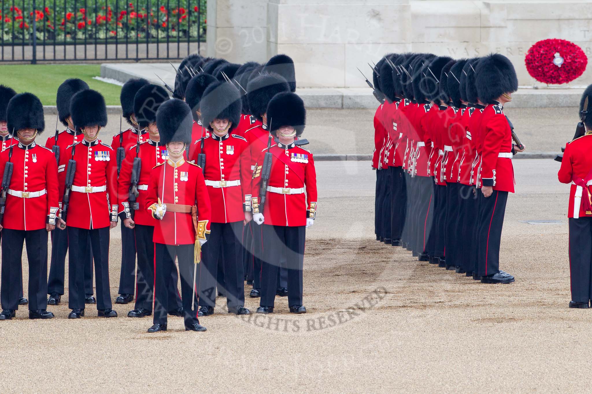 Trooping the Colour 2011: No. 3 Guard, F Company Scots Guards, opening up a gap in the row of guards for the Royal Procession. In the background is the Guards Memorial..
Horse Guards Parade, Westminster,
London SW1,
Greater London,
United Kingdom,
on 11 June 2011 at 10:45, image #77