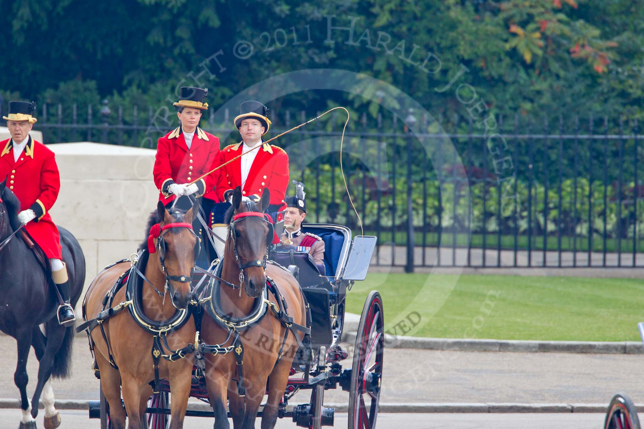 Trooping the Colour 2011: In the second barouche carriage arriving at Horse Guards Parade, on the right HRH Prince Edward, The Earl of Essex..
Horse Guards Parade, Westminster,
London SW1,
Greater London,
United Kingdom,
on 11 June 2011 at 10:50, image #84