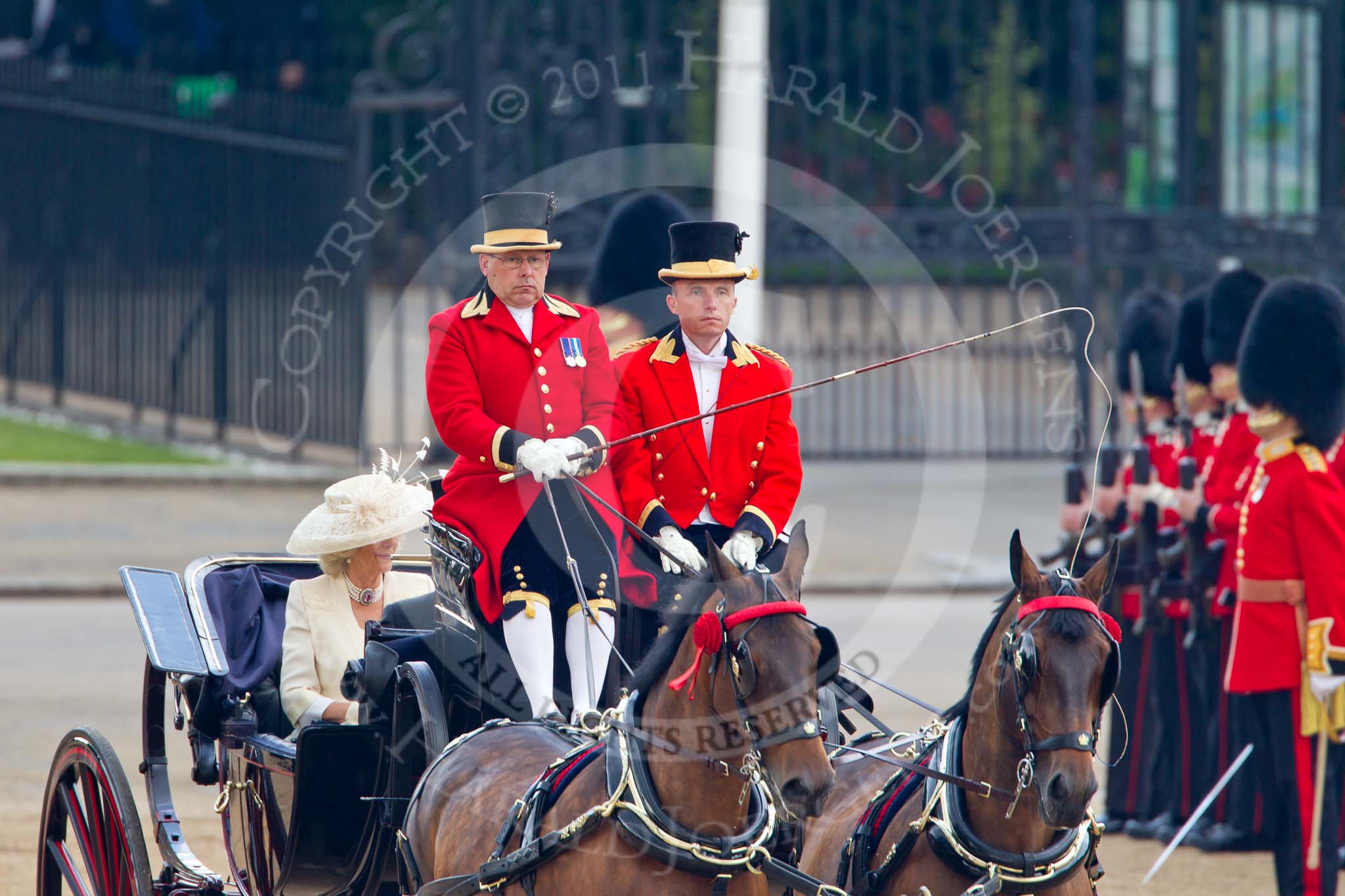 Trooping the Colour 2011: HRH The Duchess of Cornwall in the first barouche carriage arriving at Horse Guards Parade..
Horse Guards Parade, Westminster,
London SW1,
Greater London,
United Kingdom,
on 11 June 2011 at 10:50, image #85