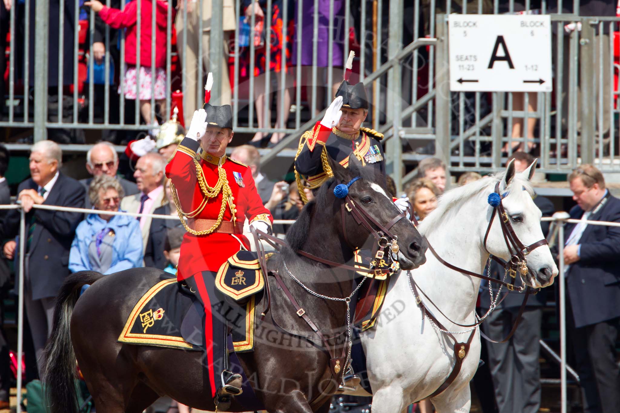 Trooping the Colour 2011: The Crown Equerry, Colonel Toby Browne, and the Equerry in Waiting, Lieutenant Colonel Andrew Ford. The two have escorted the Queen's ivory mounted phaeton up The Mall, each on one side, the other Equerry in Waiting behind..
Horse Guards Parade, Westminster,
London SW1,
Greater London,
United Kingdom,
on 11 June 2011 at 10:59, image #120