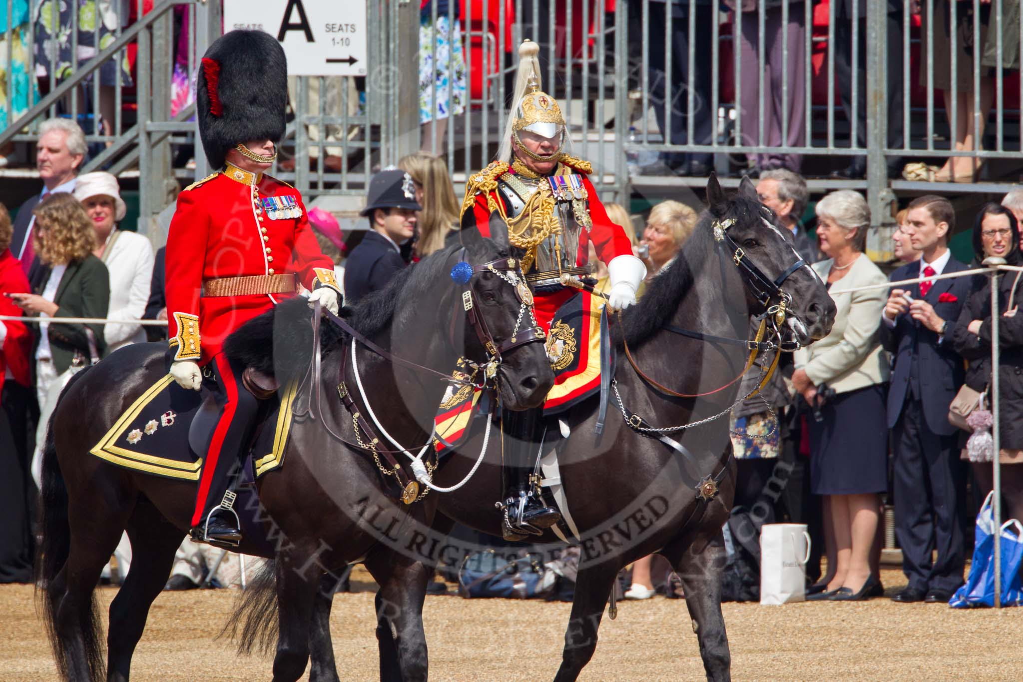 Trooping the Colour 2011: The Non-Royal Colonels: On the left of the photo, Lieutenant General James Jeffrey Corfield Bucknall,  Colonel Coldstream Guards. He is currently Deputy Commander of the ISAF in Afghanistan. On his left: General The Lord Guthrie of Craigiebank, Gold Stick in Waiting and Colonel of the Life Guards..
Horse Guards Parade, Westminster,
London SW1,
Greater London,
United Kingdom,
on 11 June 2011 at 10:59, image #121