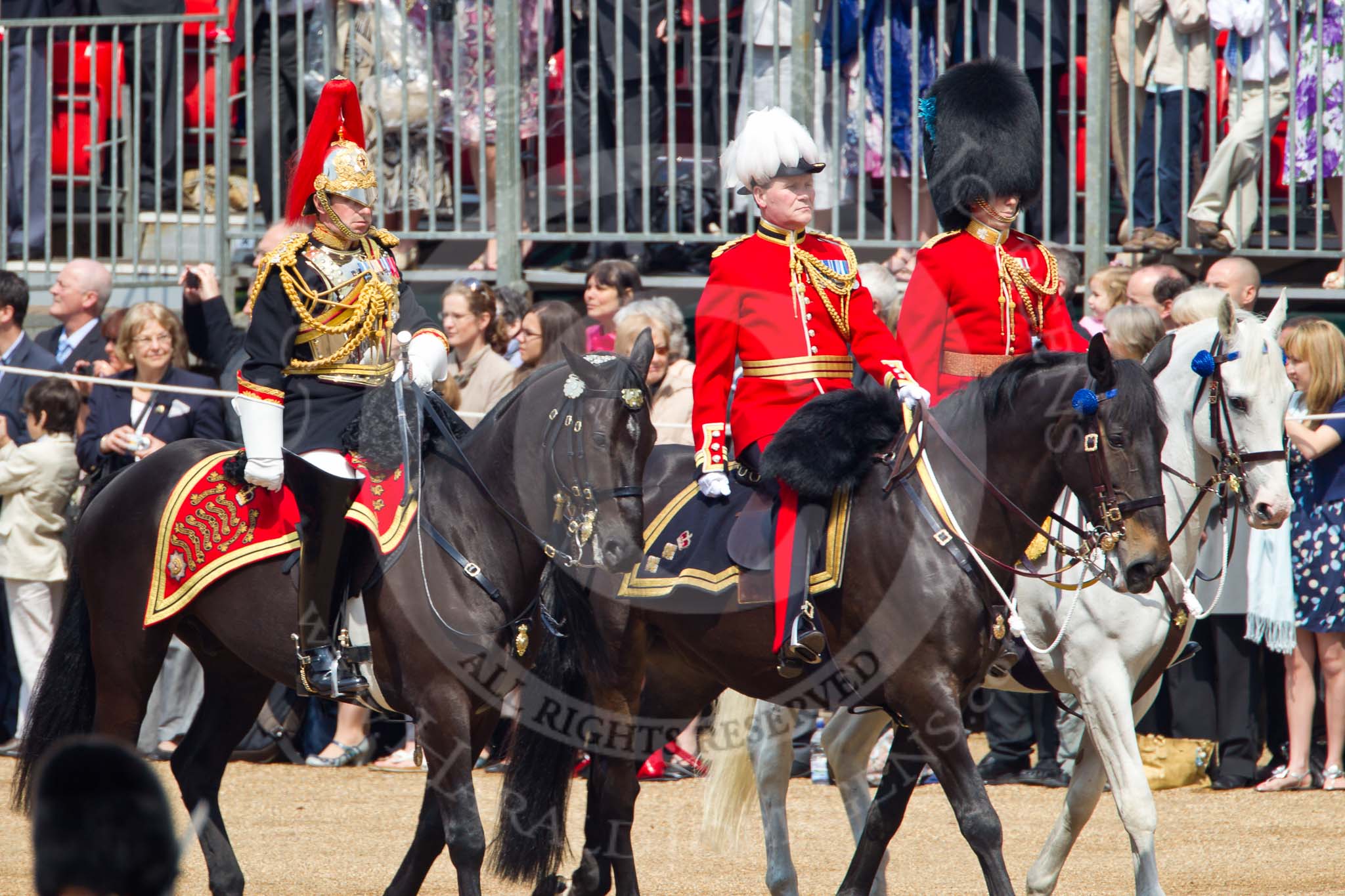 Photo 110611_105917_1D4_3476HaraldJoergens_ Trooping the Colour 2011: On the left of the photo:
Colonel Stuart H Cowen, Silver-Stick-in-Waiting, The Blues and Royals. He is Commander Household Cavalry. In the middle: Colonel Alastair Mathewson, Scots Guards, Chief of Staff Household Division. On the right of the photo:
Captain P S G O'Gorman, Irish Guards, Aide-de-Camp..
Horse Guards Parade, Westminster,
London SW1,
Greater London,
United Kingdom,
on 11 June 2011 at 10:59, image #123
