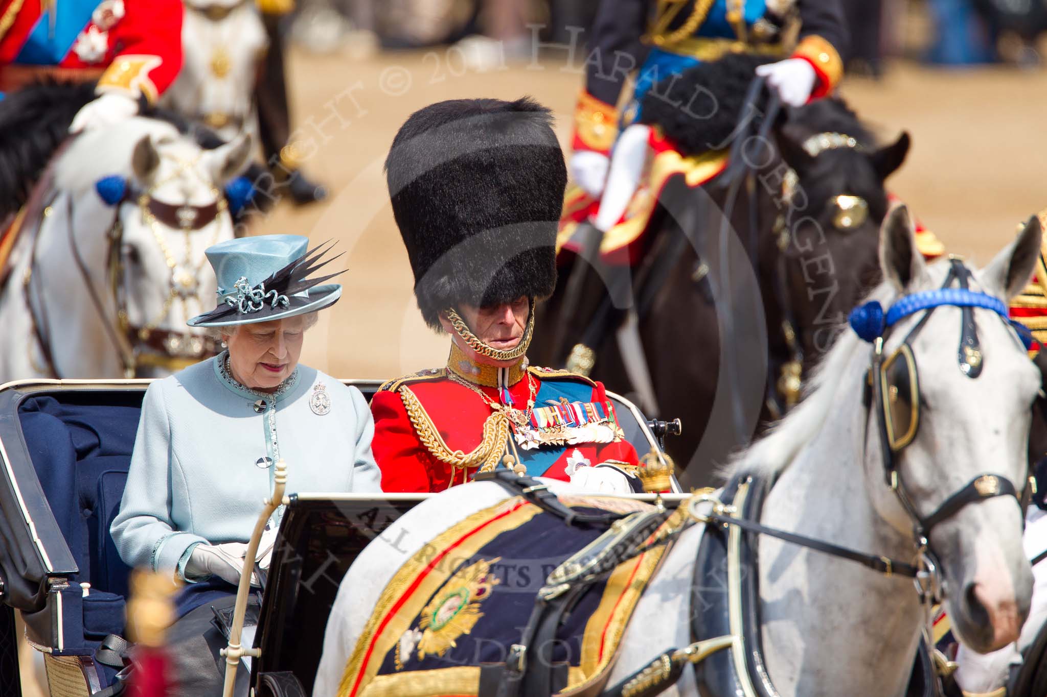 Trooping the Colour 2011: Her Majesty The Queen with Prince Philip in the ivory mounted phaeton, arriving on Horse Guards Parade..
Horse Guards Parade, Westminster,
London SW1,
Greater London,
United Kingdom,
on 11 June 2011 at 10:59, image #127
