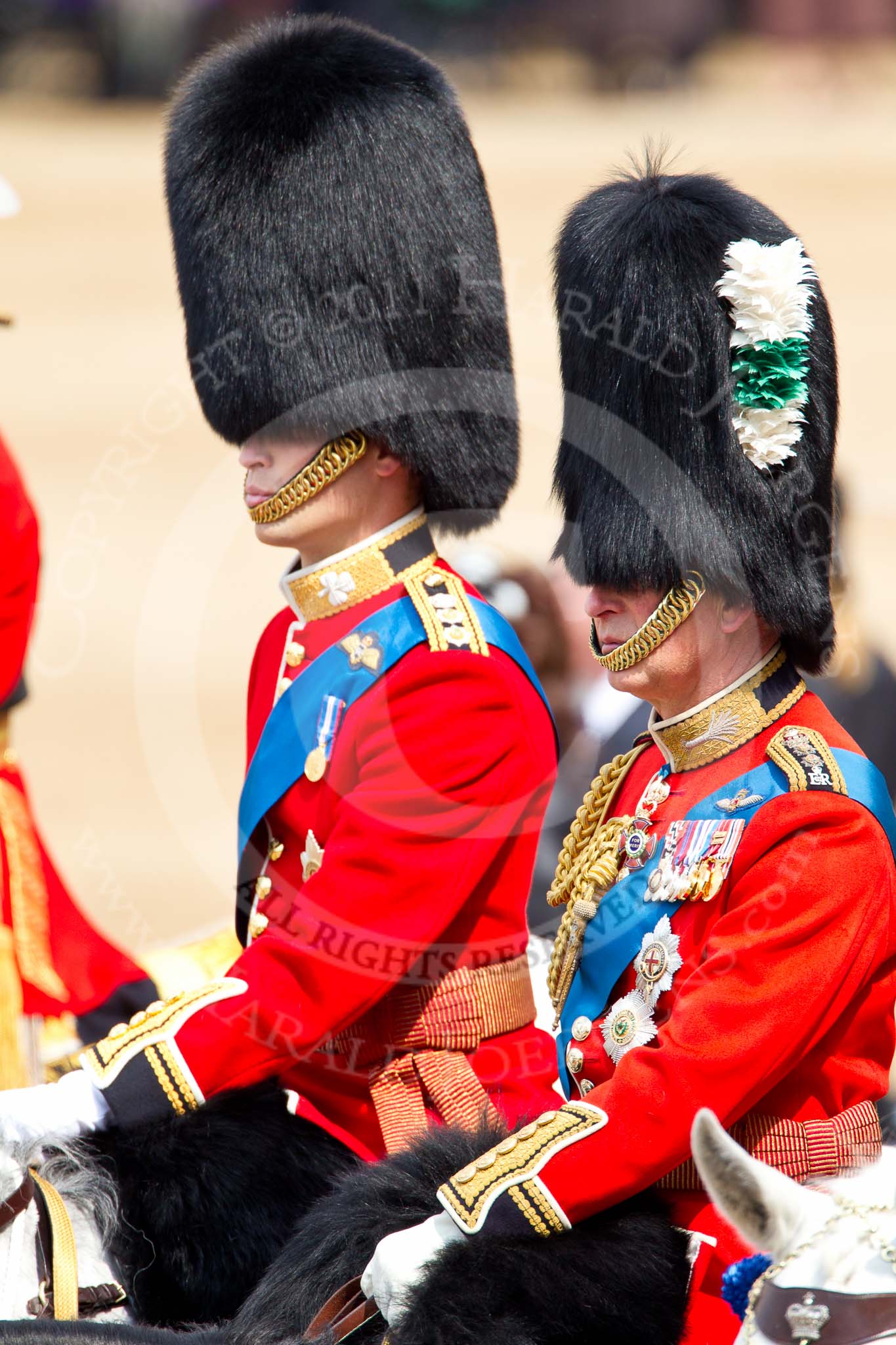 Photo 110611_110054_1D4_3573HaraldJoergens_ Trooping the Colour 2011: Father and son together at the parade for the first time. HRH Prince Wiliam, The Duke of Cambridge, Colonel Irish Guards, and HRH Prince Charles, the Prince of Wales, Colonel Welsh Guards..
Horse Guards Parade, Westminster,
London SW1,
Greater London,
United Kingdom,
on 11 June 2011 at 11:00, image #135