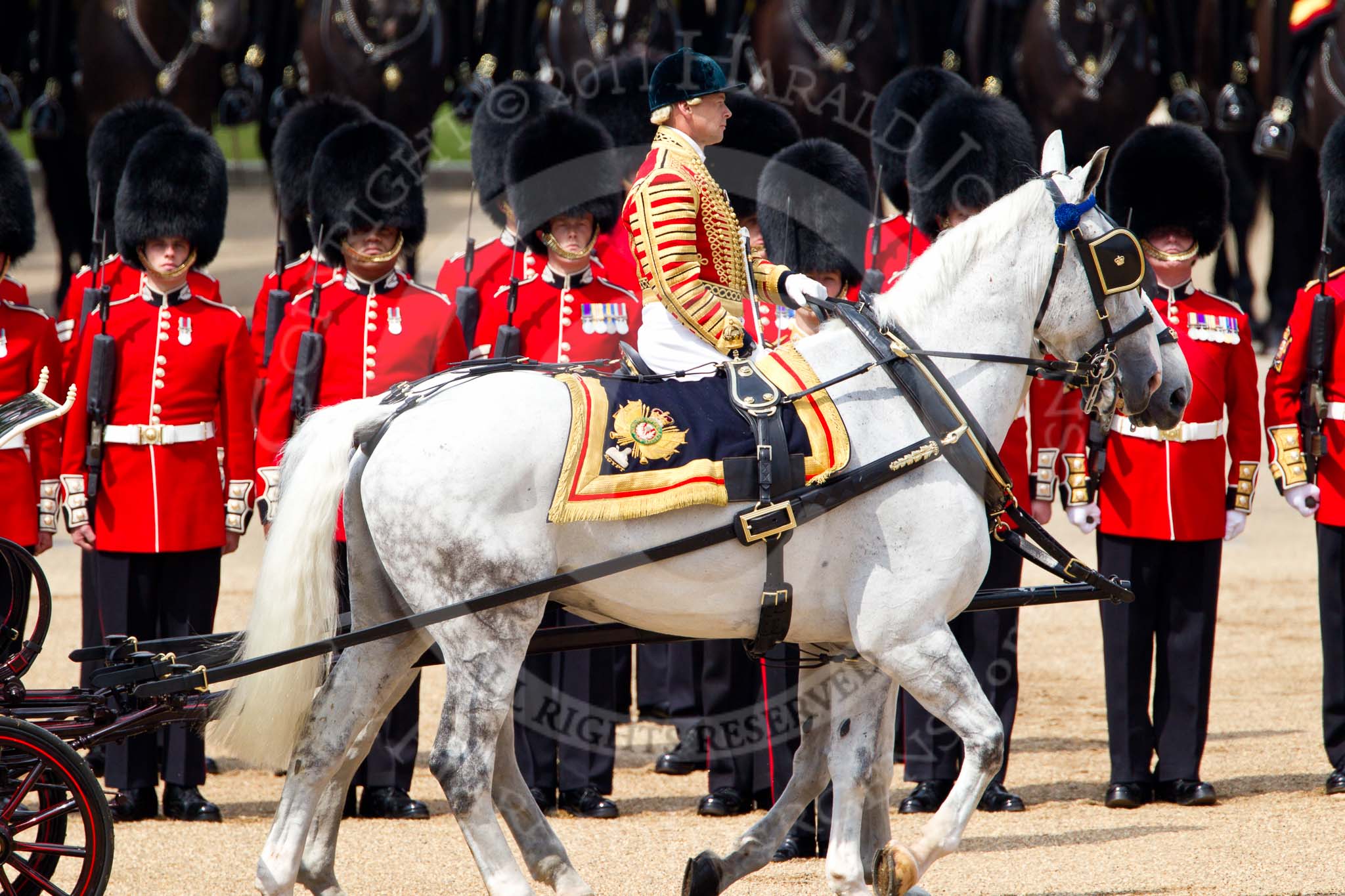 Trooping the Colour 2011: Jack Hargreaves, head coachman, during the Inspection of the Line. In the front, No. 2 Guard, 1B Company Scots Guards, and in the background the Mounted Band of the Royal Cavalry..
Horse Guards Parade, Westminster,
London SW1,
Greater London,
United Kingdom,
on 11 June 2011 at 11:03, image #154