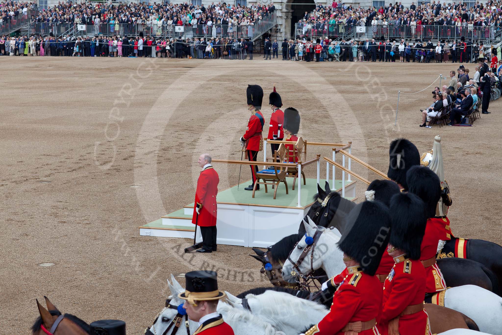 Trooping the Colour 2011: HRH Prince Philip, The Duke of Edinburgh, standing on the saluting base during the inspection of the troops..
Horse Guards Parade, Westminster,
London SW1,
Greater London,
United Kingdom,
on 11 June 2011 at 11:06, image #166