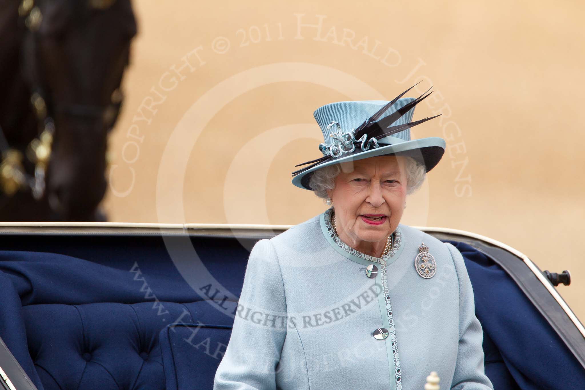 Trooping the Colour 2011: Close-up of HM The Queen in the ivory mounted phaeton during the Inspection of the Line..
Horse Guards Parade, Westminster,
London SW1,
Greater London,
United Kingdom,
on 11 June 2011 at 11:07, image #169