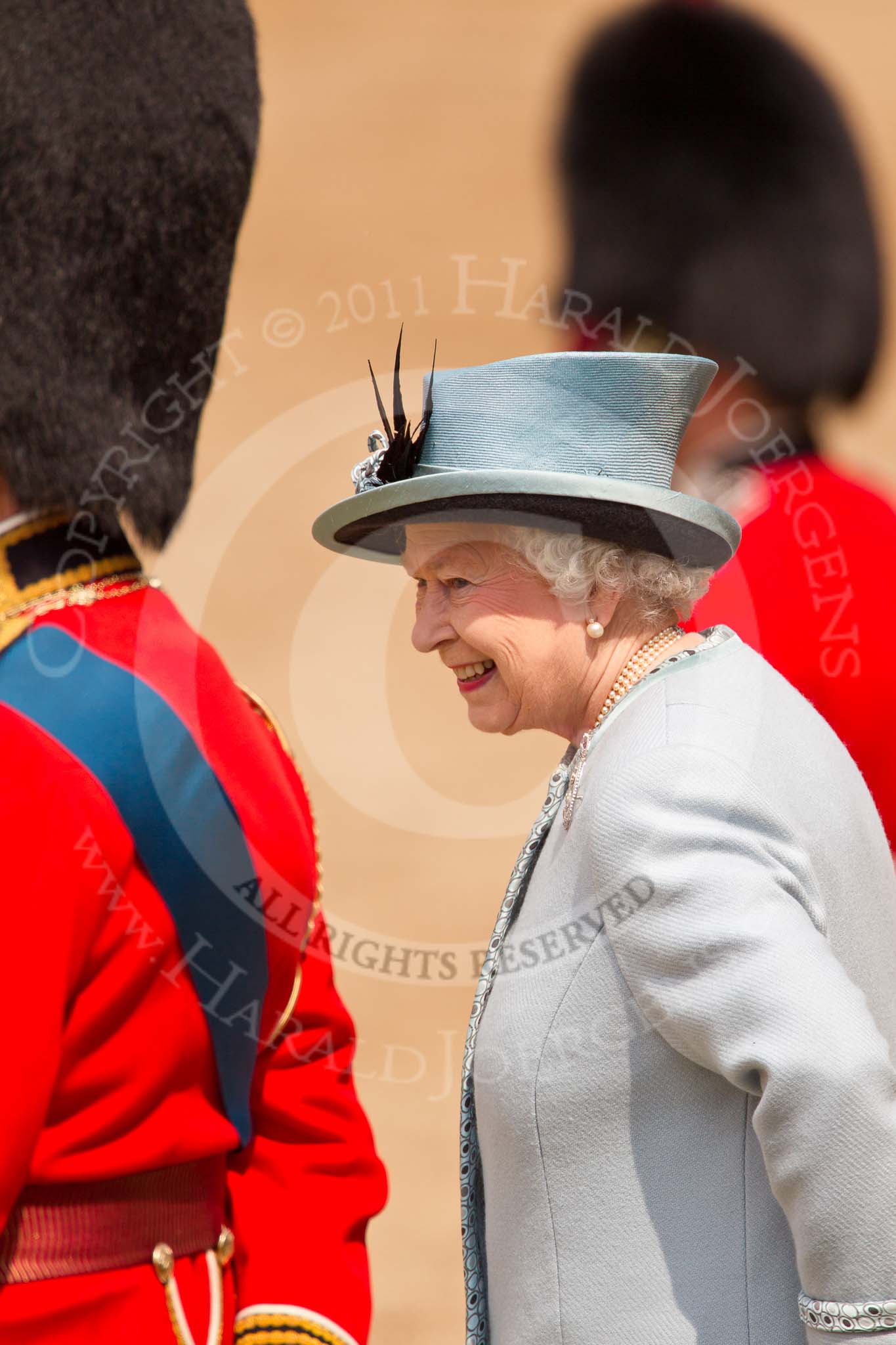 Trooping the Colour 2011: HM The Queen, back at the saluting base after the Inspection of the Line..
Horse Guards Parade, Westminster,
London SW1,
Greater London,
United Kingdom,
on 11 June 2011 at 11:08, image #172