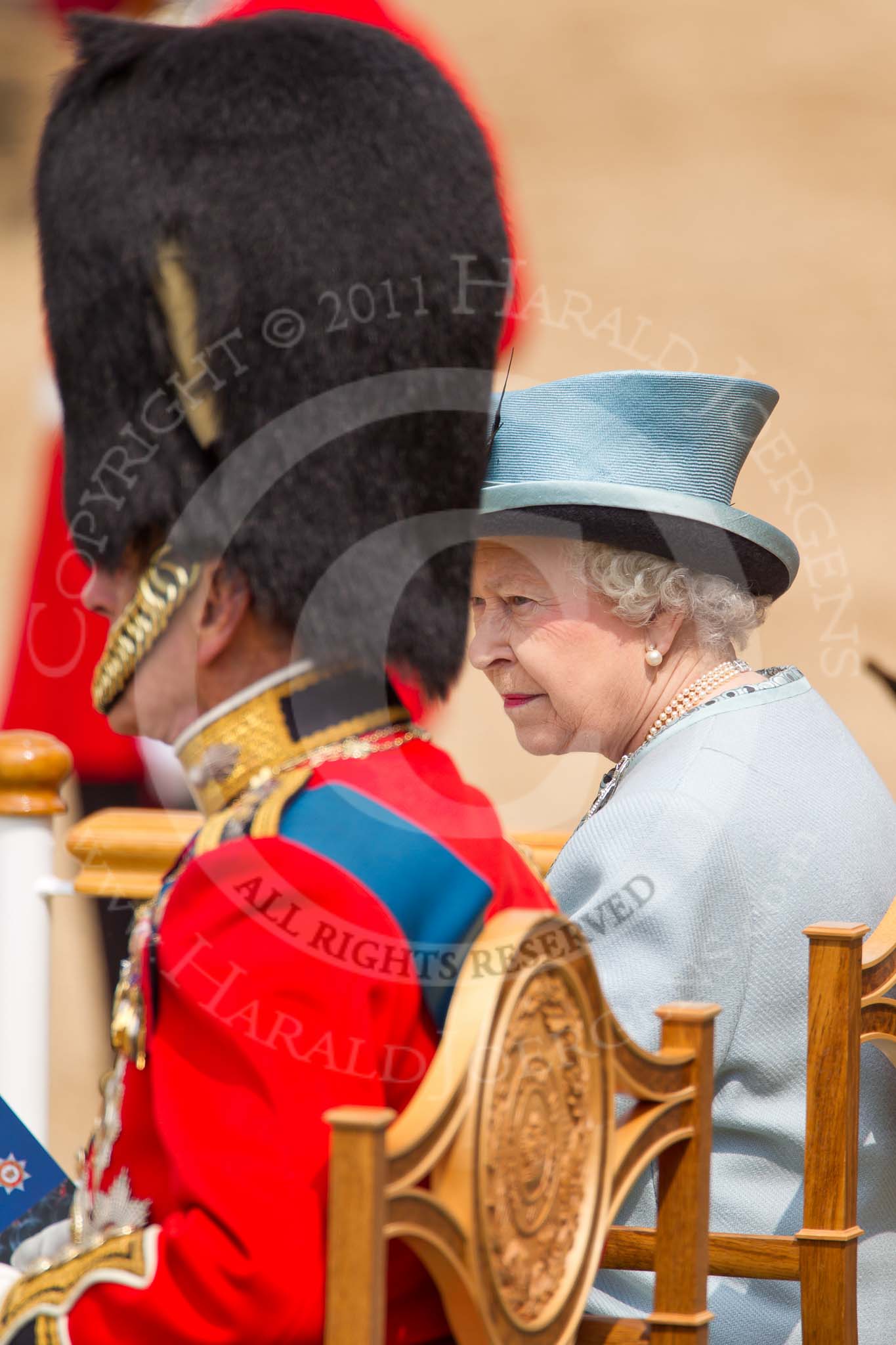 Trooping the Colour 2011: HM The Queen, back at the saluting base after the Inspection of the Line, and HRH Prince Philip, The Duke of Edinburgh..
Horse Guards Parade, Westminster,
London SW1,
Greater London,
United Kingdom,
on 11 June 2011 at 11:08, image #174