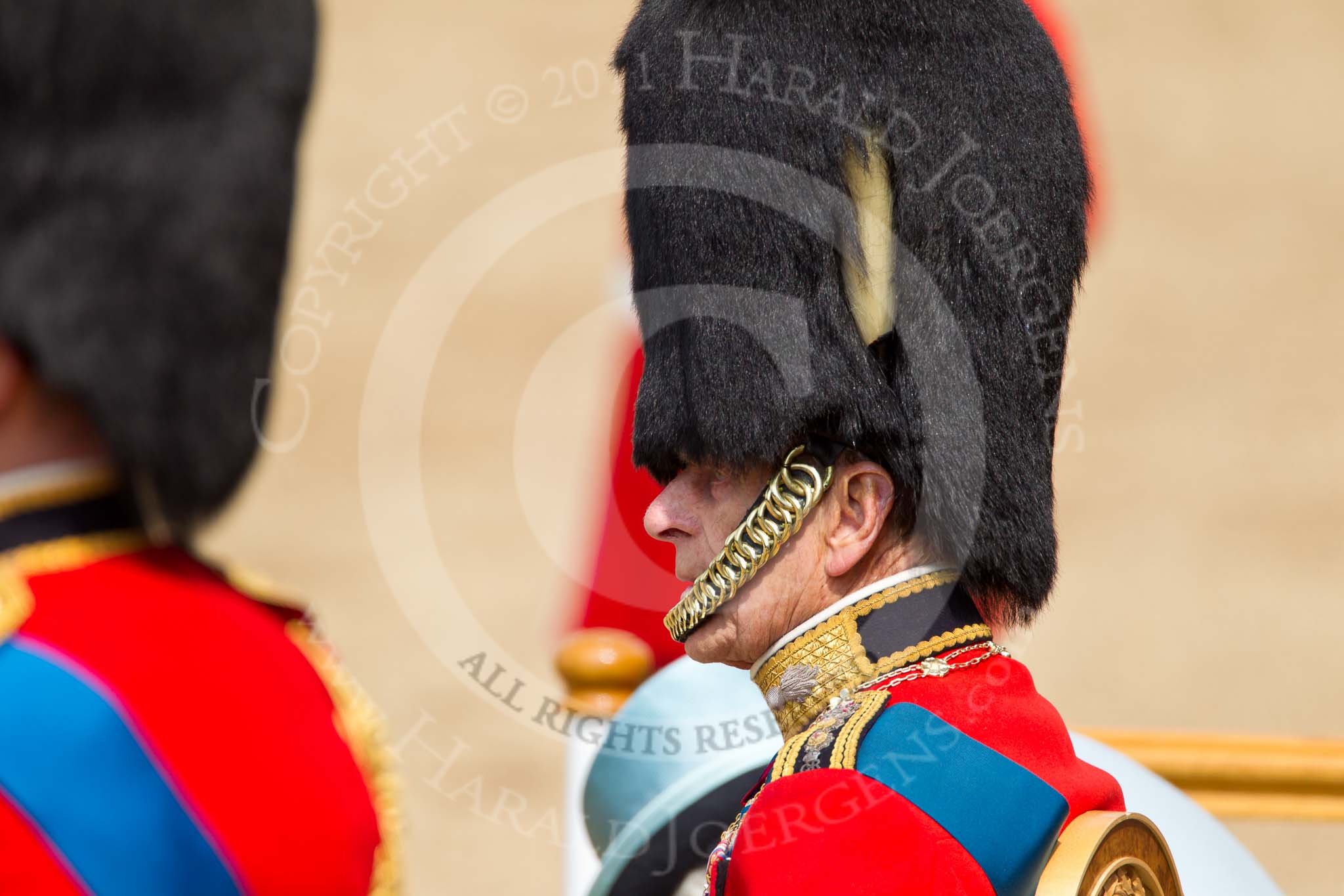 Trooping the Colour 2011: Close-up of HRH Prince Philip, The Duke of Edinburg, with HM The Queen on their seats on the saluting base..
Horse Guards Parade, Westminster,
London SW1,
Greater London,
United Kingdom,
on 11 June 2011 at 11:09, image #175