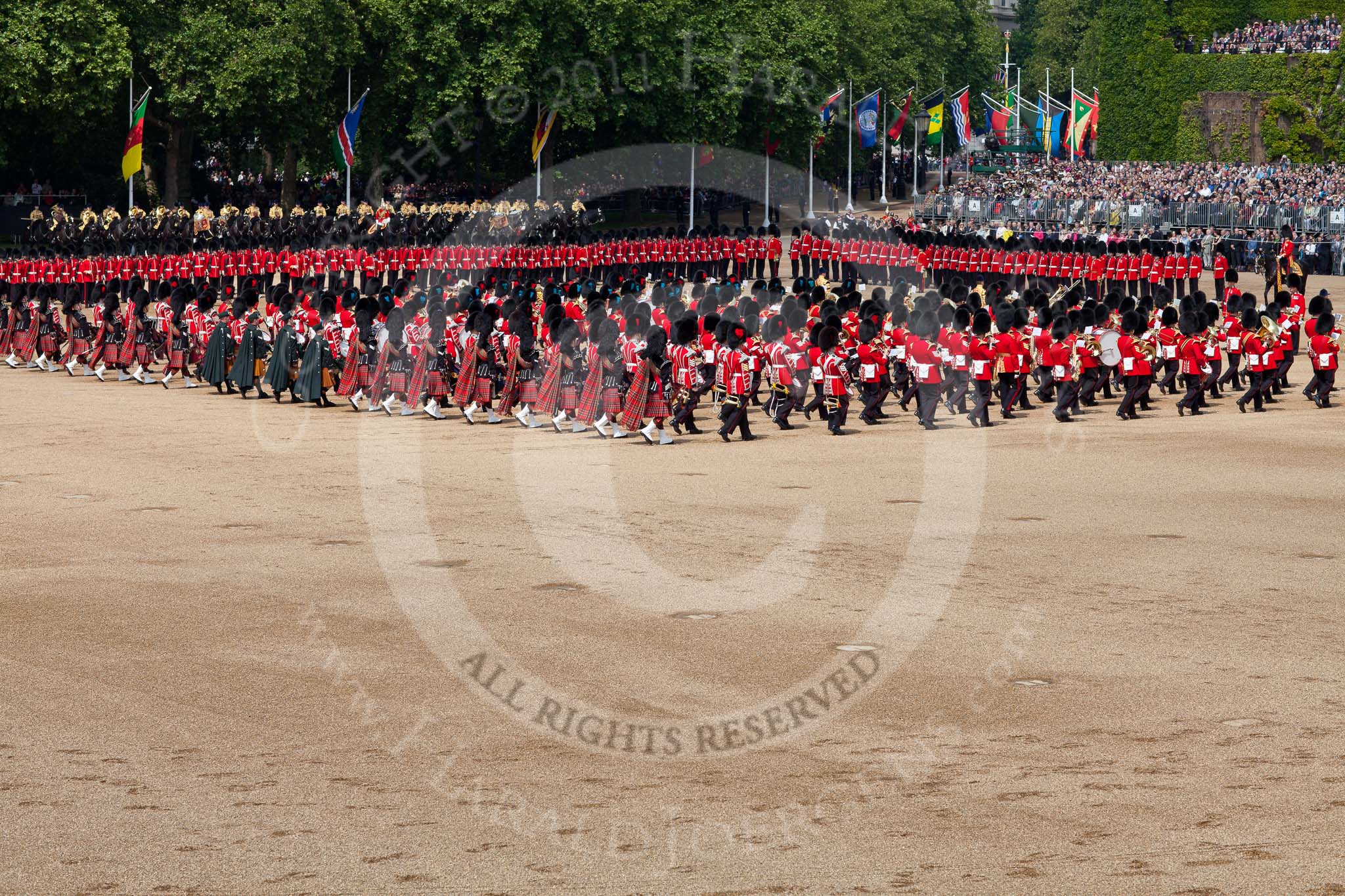 Trooping the Colour 2011: The Massed Bands playing during the Troop..
Horse Guards Parade, Westminster,
London SW1,
Greater London,
United Kingdom,
on 11 June 2011 at 11:11, image #179