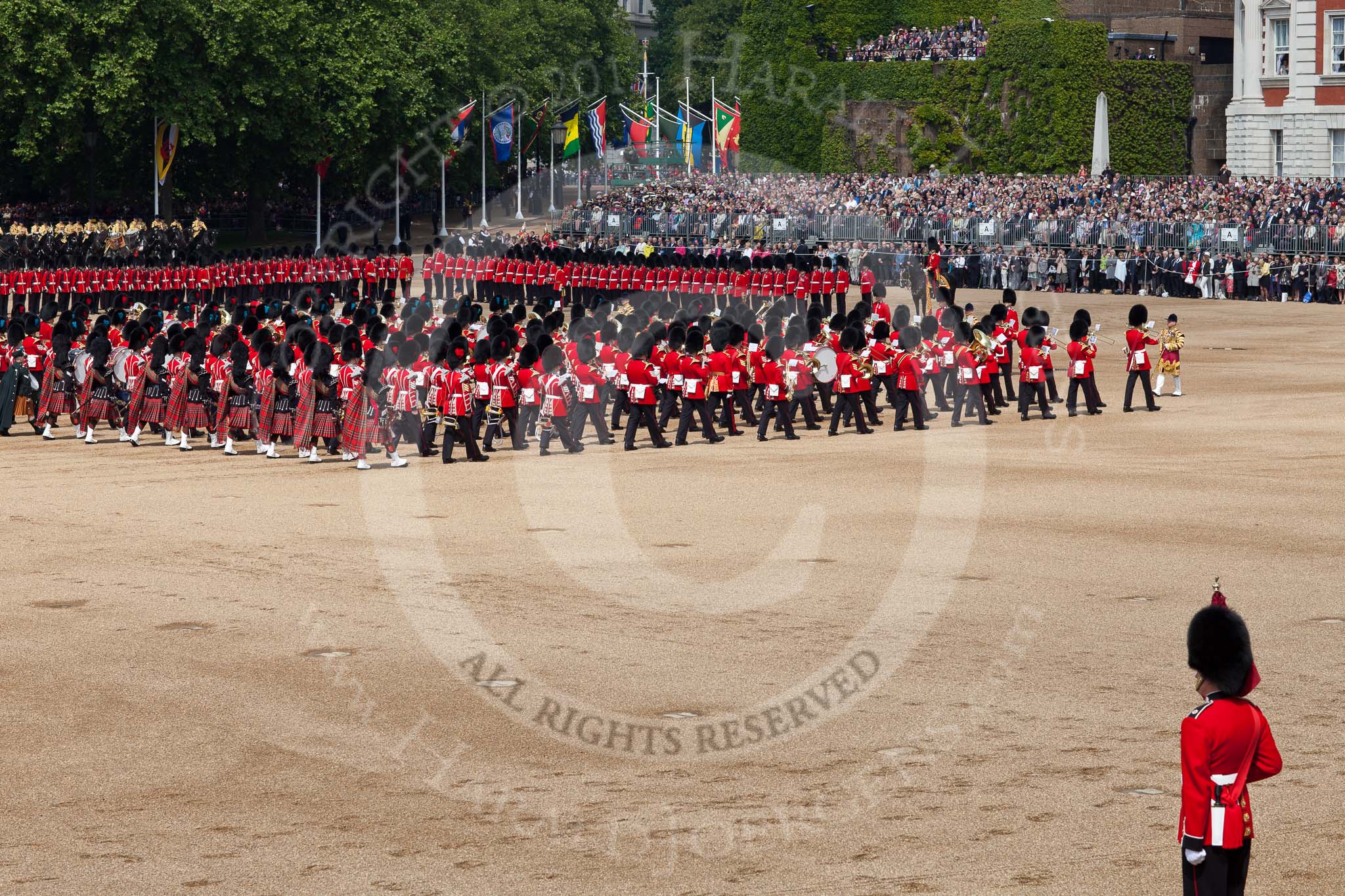 Trooping the Colour 2011: The Massed Bands playing during the Troop..
Horse Guards Parade, Westminster,
London SW1,
Greater London,
United Kingdom,
on 11 June 2011 at 11:11, image #180