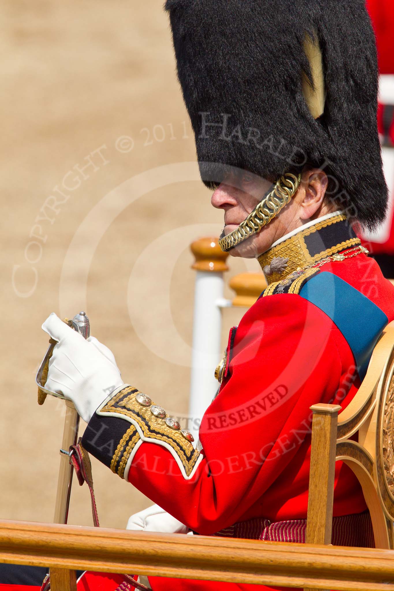 Photo 110611_112718_1D4_4055HaraldJoergens_ Trooping the Colour 2011: HRH Prince Philip, The Duke of Edinburgh, watches the Colour being trooped through the ranks..
Horse Guards Parade, Westminster,
London SW1,
Greater London,
United Kingdom,
on 11 June 2011 at 11:27, image #213