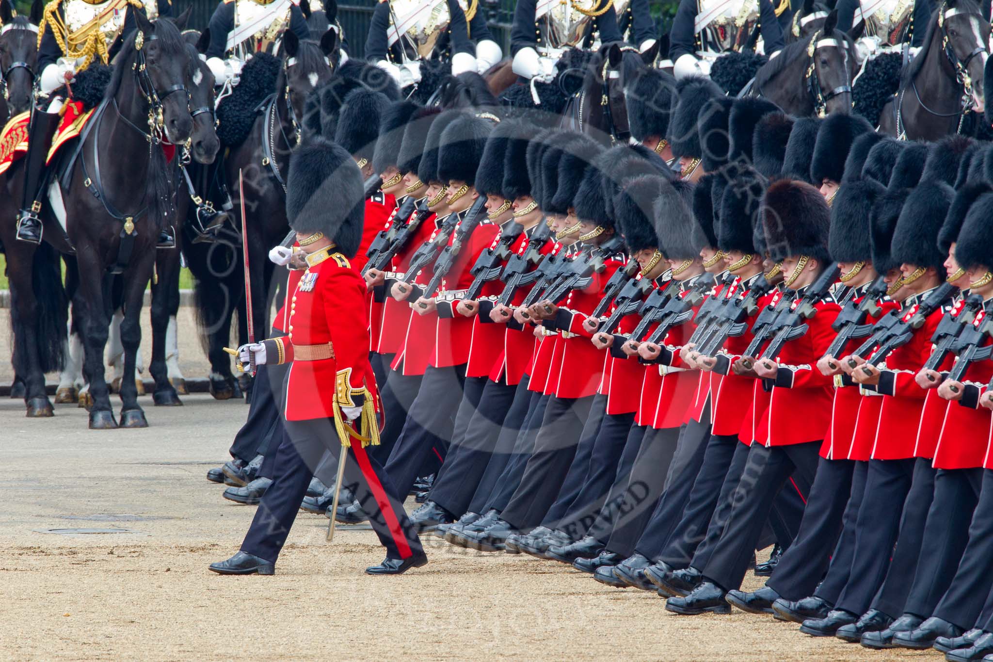 Trooping the Colour 2011: The March Past by the Foot Guards in slow time. Here the Escort to the Colour, No. 2 Guard, B Company Scots Guards, lead my Major H R S Clarke..
Horse Guards Parade, Westminster,
London SW1,
Greater London,
United Kingdom,
on 11 June 2011 at 11:32, image #220