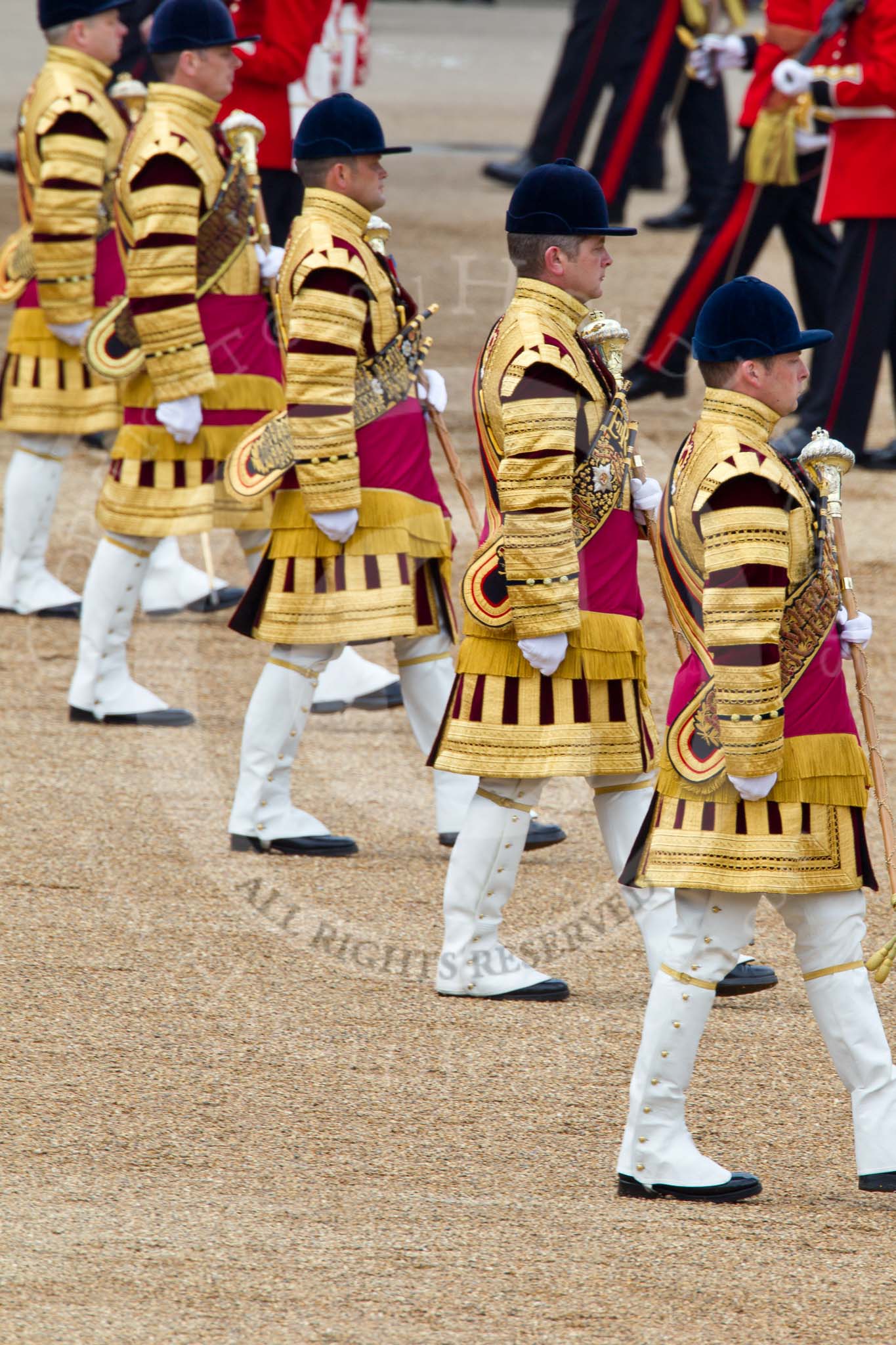 Trooping the Colour 2011: The five Drum Majors during the March Past in slow time. From front to back: Scott Fitzgerald, Coldstream Guards, Alan Harvey, Scots Guards, Ben Roberts, Coldstream Guards, Tony Taylor, No.7 Company Coldstream Guards, and Stephen Staite, Grenadier Guards..
Horse Guards Parade, Westminster,
London SW1,
Greater London,
United Kingdom,
on 11 June 2011 at 11:32, image #222