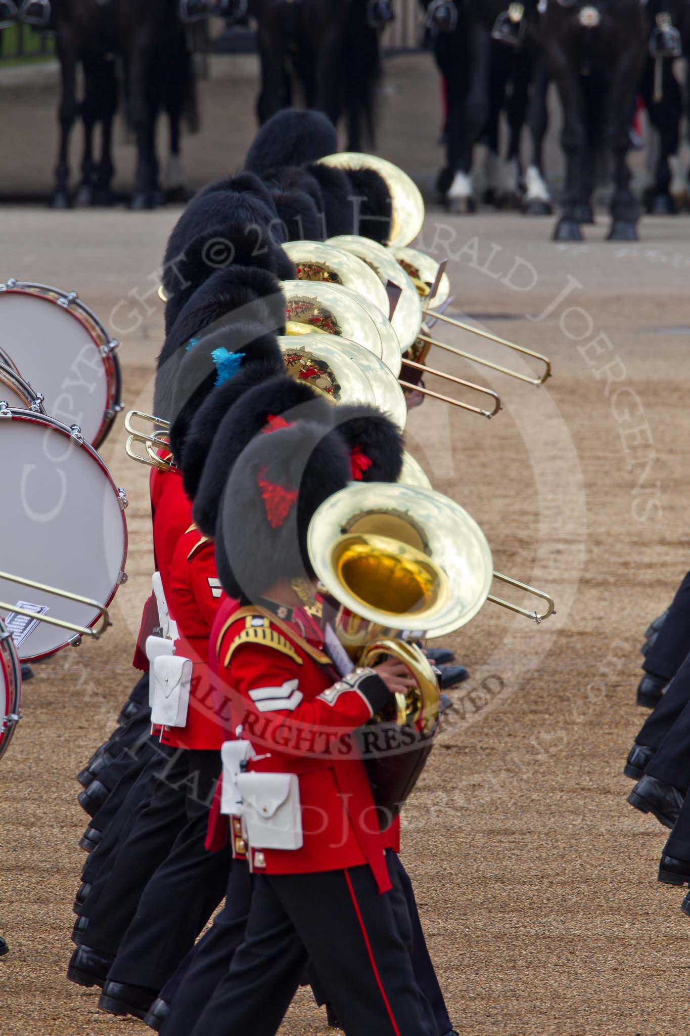 Trooping the Colour 2011: The Massed Bands during the March Past in slow time..
Horse Guards Parade, Westminster,
London SW1,
Greater London,
United Kingdom,
on 11 June 2011 at 11:32, image #224