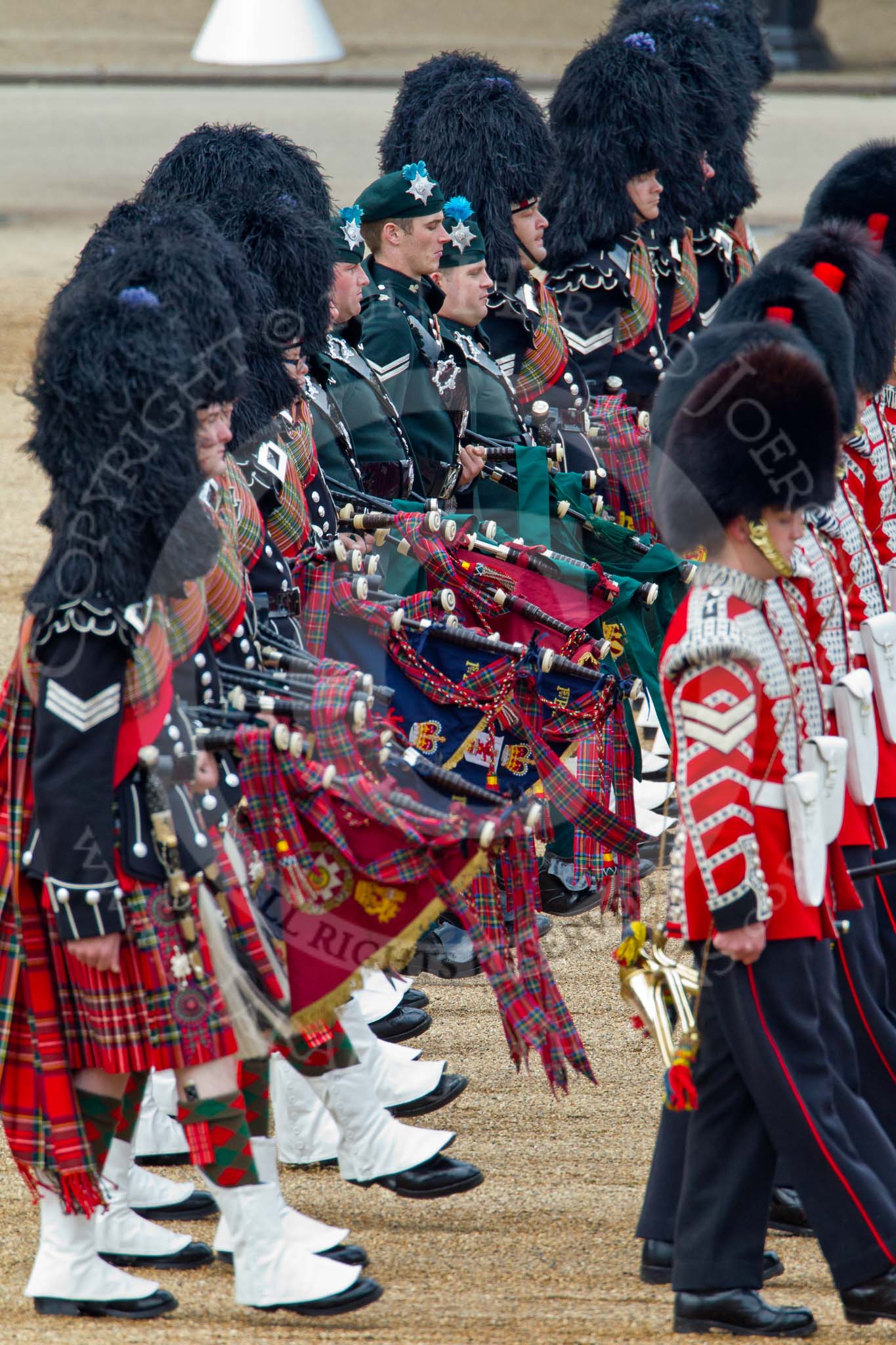 Trooping the Colour 2011: 1st Battalion Scots Guards: Pipers and drummers of the Scots Guards Band, the pipers in their Royal Stewart Tartan..
Horse Guards Parade, Westminster,
London SW1,
Greater London,
United Kingdom,
on 11 June 2011 at 11:33, image #225