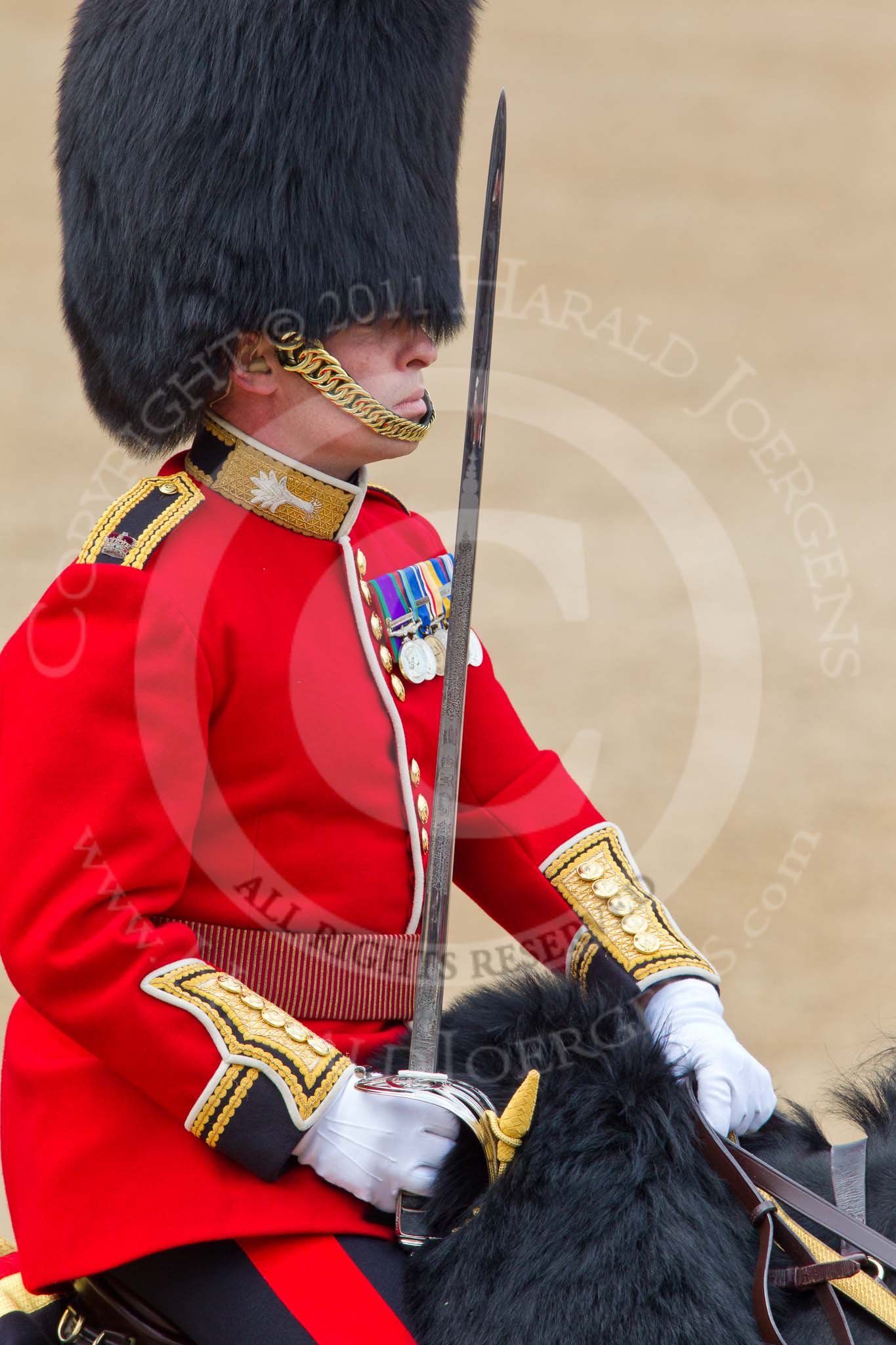 Trooping the Colour 2011: Close-up of the Major of the Parade, Major Benedict Peter Norman Ramsay, Welsh Guards. He was awarded a CBE on the day of the parade..
Horse Guards Parade, Westminster,
London SW1,
Greater London,
United Kingdom,
on 11 June 2011 at 11:35, image #230