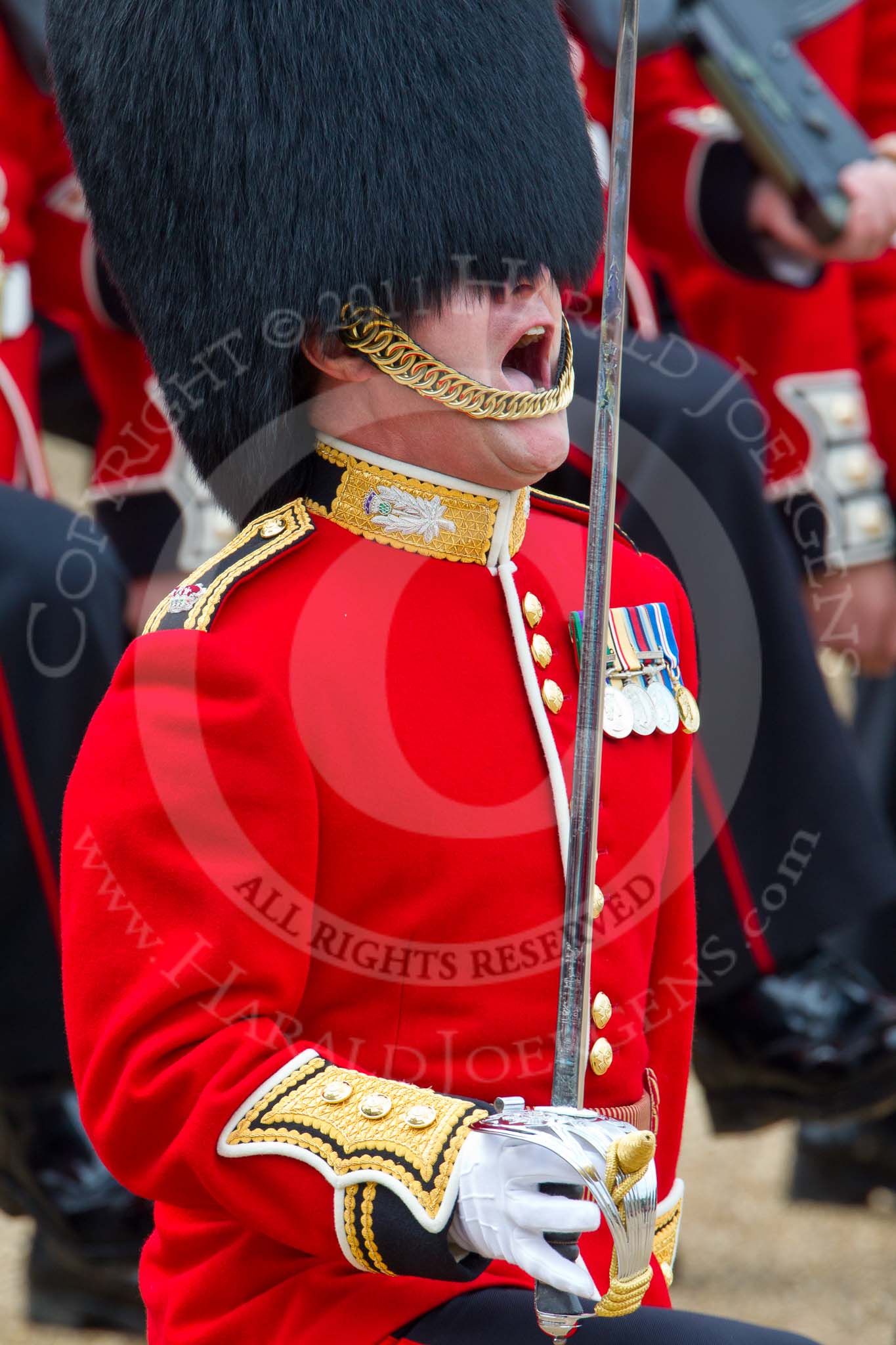 Photo 110611_113628_1D4_4197HaraldJoergens_ Trooping the Colour 2011: Major Roderick M T Shannon, 1st Battalion Scots Guards, commanding the Escort to the Colour on the day.,.
Horse Guards Parade, Westminster,
London SW1,
Greater London,
United Kingdom,
on 11 June 2011 at 11:36, image #236
