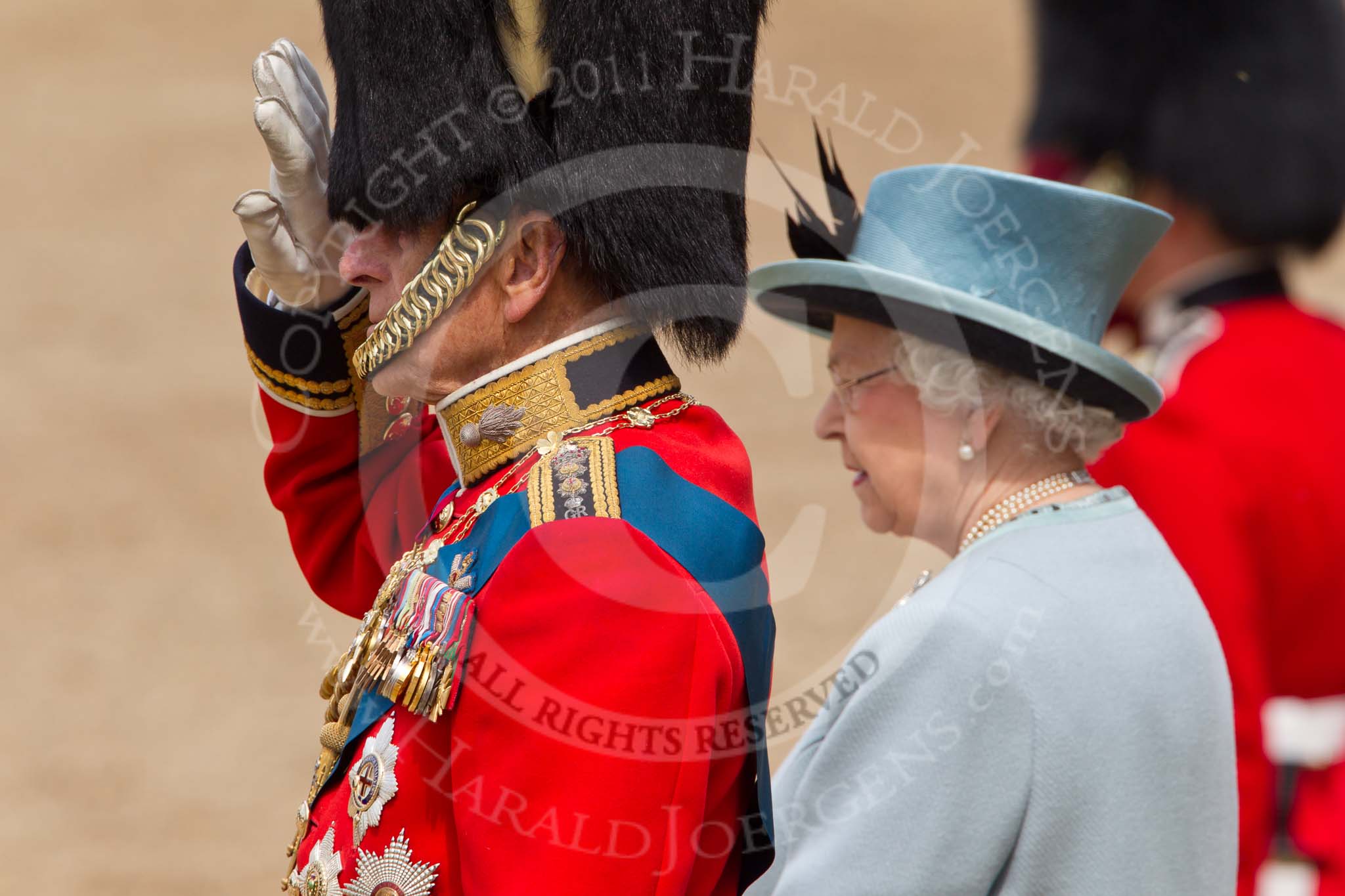 Photo 110611_113711_1D4_4218HaraldJoergens_ Trooping the Colour 2011: HRH Prince Philip, The Duke of Edinburg, with HM The Queen on the saluting stand, watching the parade..
Horse Guards Parade, Westminster,
London SW1,
Greater London,
United Kingdom,
on 11 June 2011 at 11:37, image #239