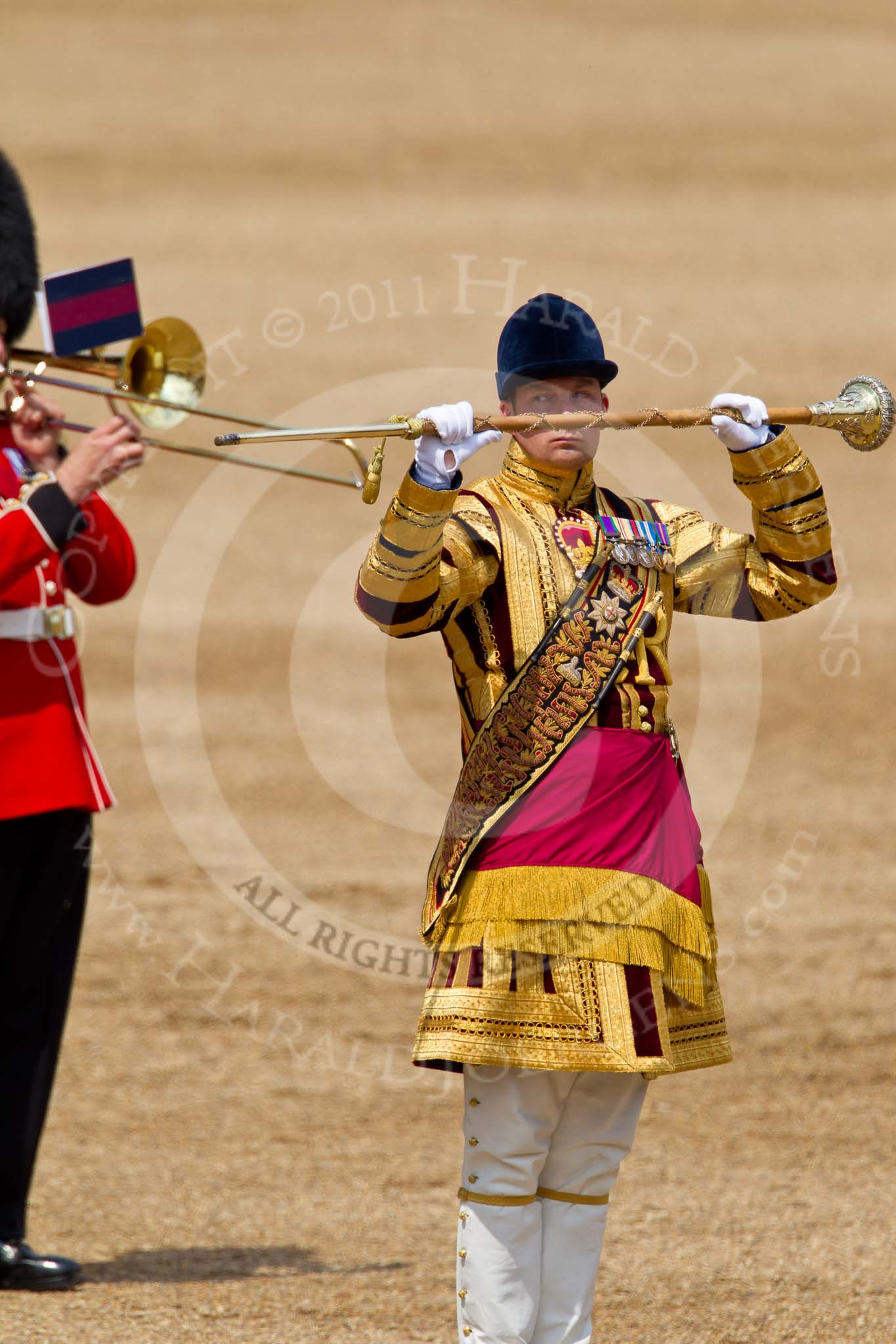 Trooping the Colour 2011: Drum Major Scott Fitzgerald, Coldstream Guards, leading the Band of the Coldstream Guards..
Horse Guards Parade, Westminster,
London SW1,
Greater London,
United Kingdom,
on 11 June 2011 at 11:39, image #249