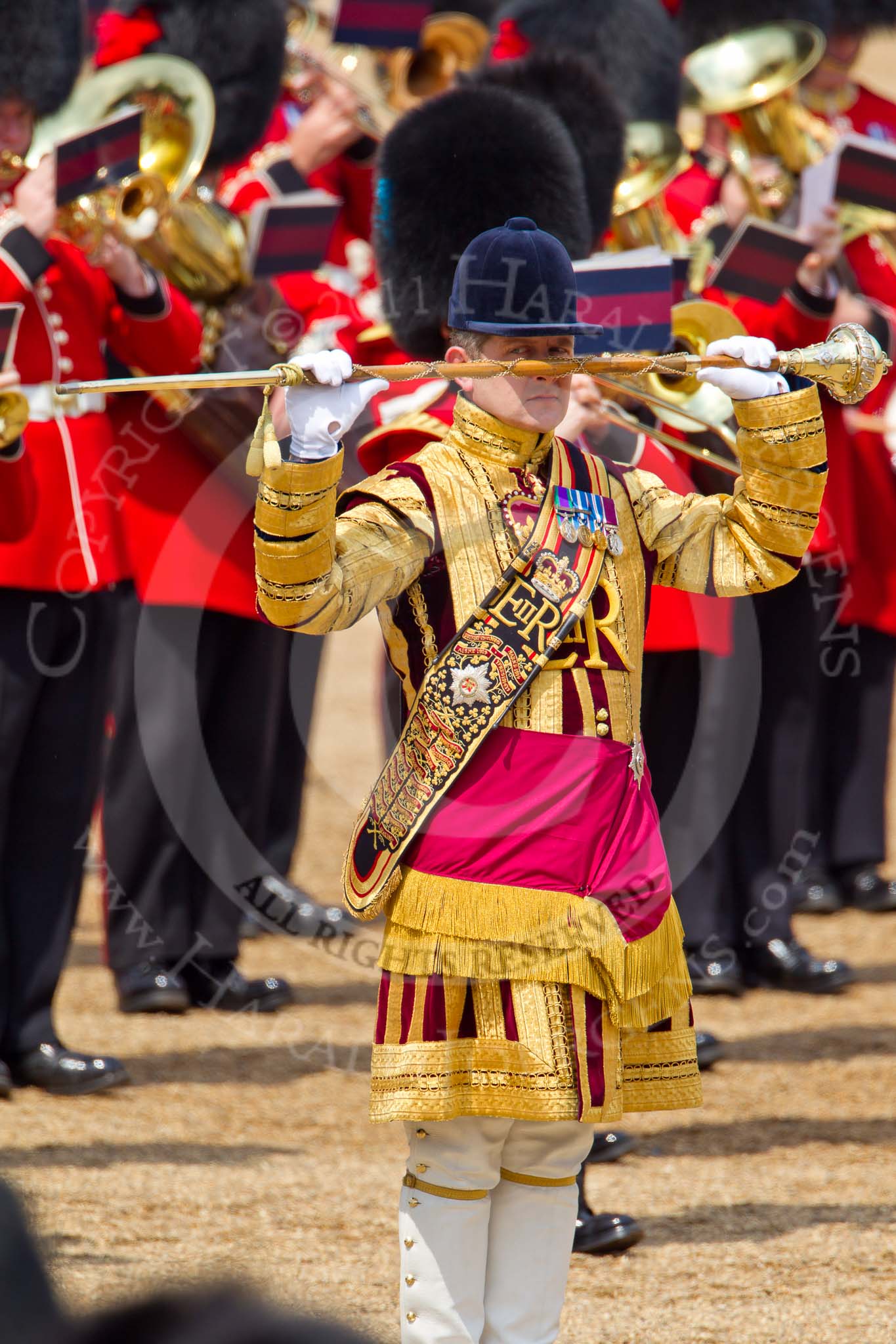 Trooping the Colour 2011: Drum Major Alan Harvey, Irish Guards, leading the Band of the Scots Guards..
Horse Guards Parade, Westminster,
London SW1,
Greater London,
United Kingdom,
on 11 June 2011 at 11:39, image #250