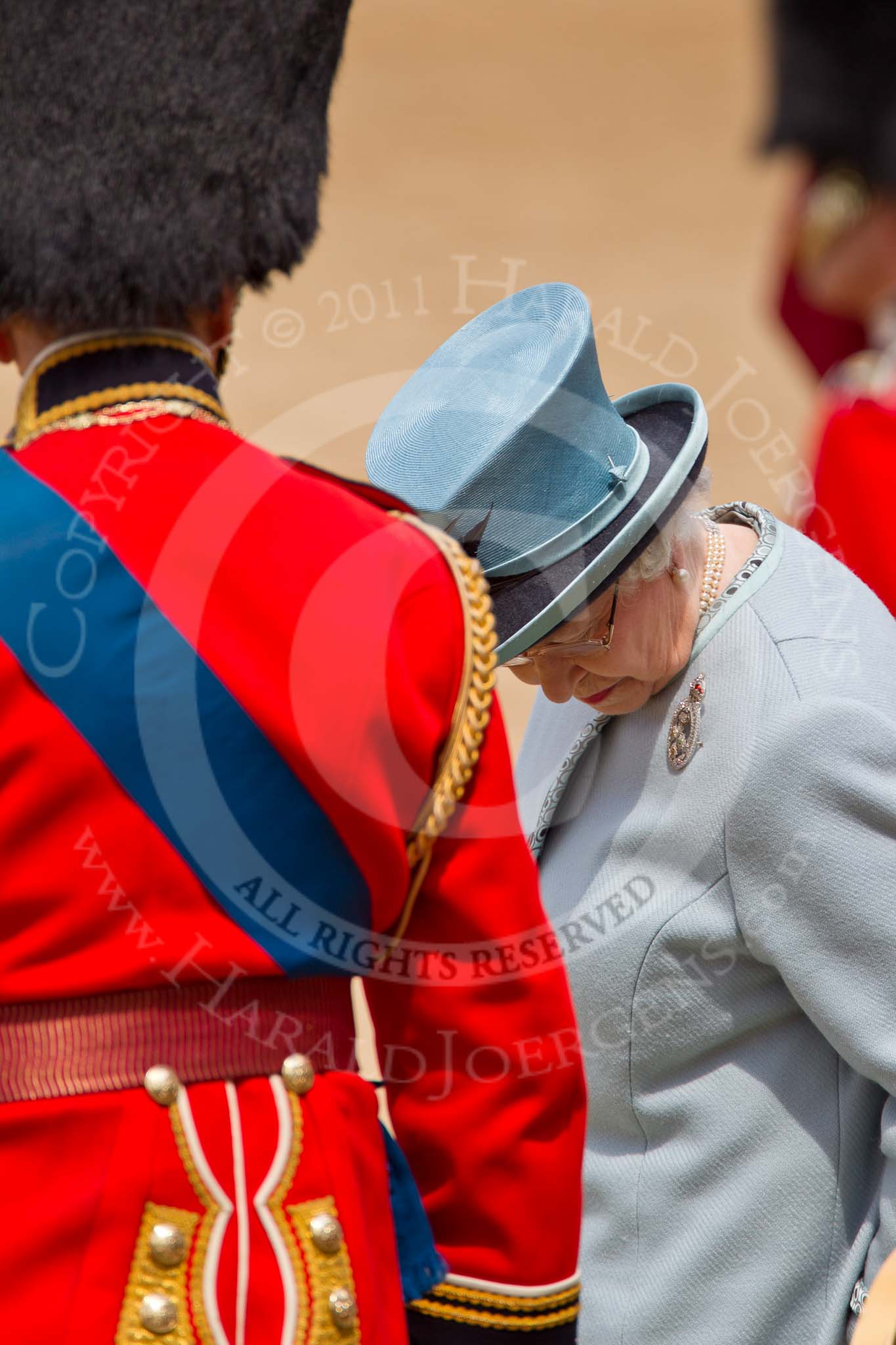 Trooping the Colour 2011: HM The Queen about to sit down after having watched the March Past..
Horse Guards Parade, Westminster,
London SW1,
Greater London,
United Kingdom,
on 11 June 2011 at 11:40, image #258