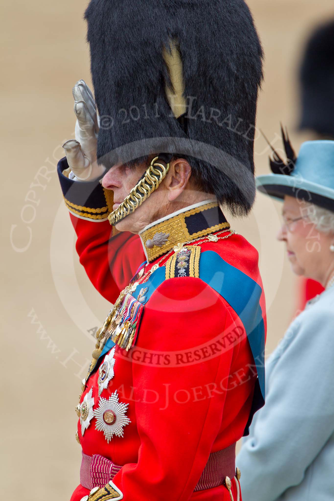 Trooping the Colour 2011: Close-up of HRH Prince Philip, The Duke of Edinburgh, saluting during the March Past..
Horse Guards Parade, Westminster,
London SW1,
Greater London,
United Kingdom,
on 11 June 2011 at 11:46, image #295
