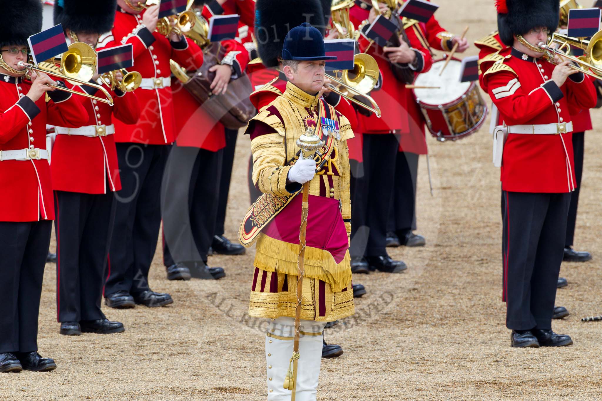 Trooping the Colour 2011: Drum Major Alan Harvey, Irish Guards, leading the Band of the Scots Guards..
Horse Guards Parade, Westminster,
London SW1,
Greater London,
United Kingdom,
on 11 June 2011 at 11:49, image #297
