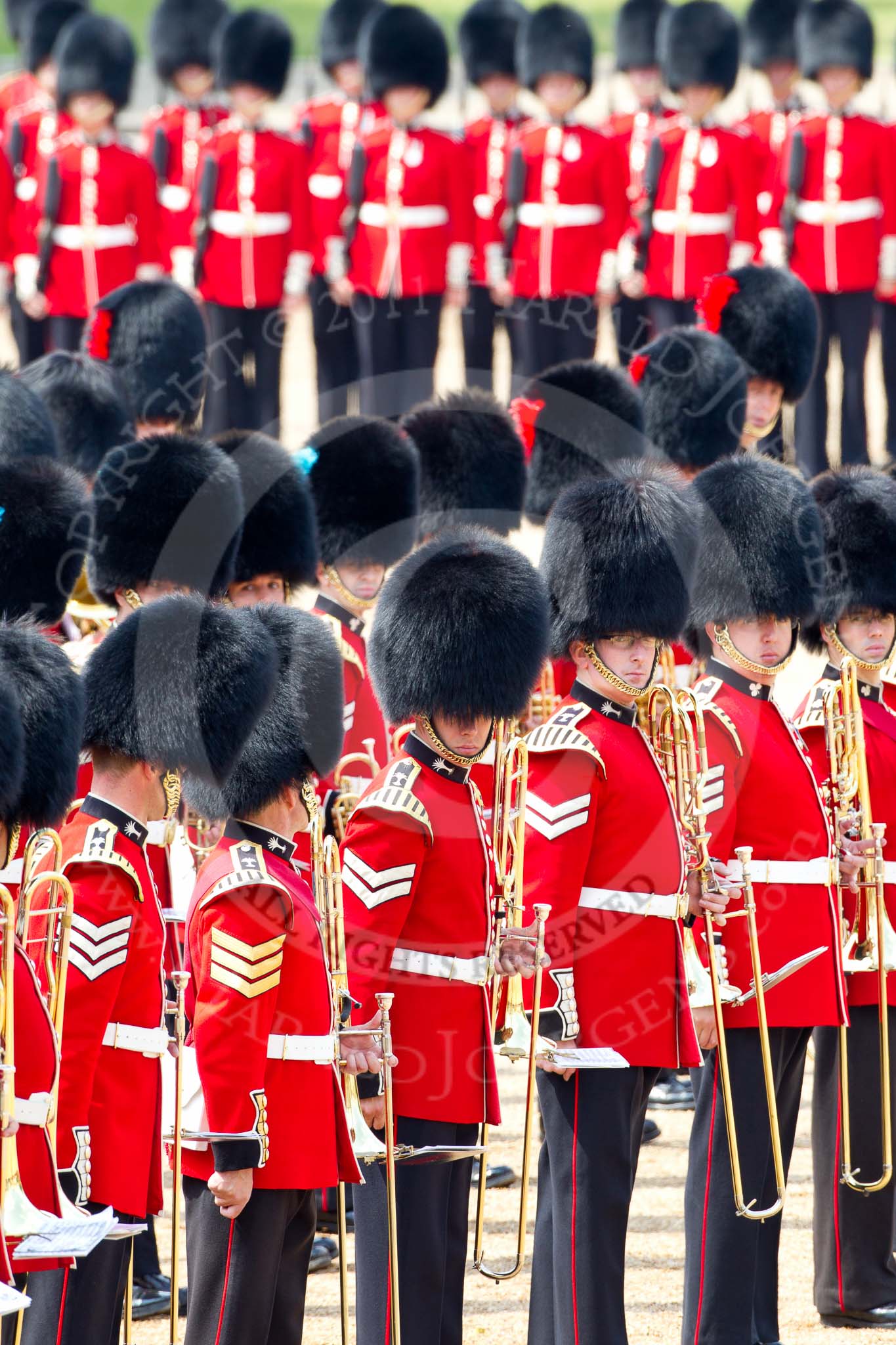 Trooping the Colour 2011: The Massed Bands - musicians of the Welsh Guards Band (in front) and of the Irish Guards Band..
Horse Guards Parade, Westminster,
London SW1,
Greater London,
United Kingdom,
on 11 June 2011 at 11:53, image #313