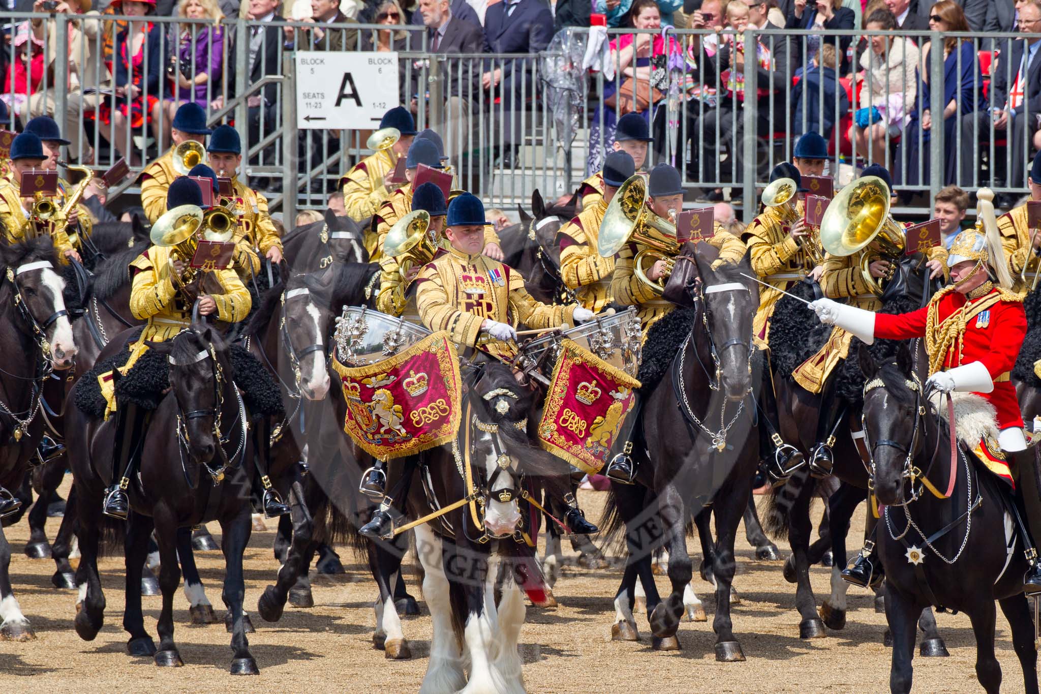 Trooping the Colour 2011: The Mounted Bands of the Household Cavalry moving onto the parade ground.   On the very right Major K L Davies, The Life Guards, Director of Music, next to him one of the two kettle drummers..
Horse Guards Parade, Westminster,
London SW1,
Greater London,
United Kingdom,
on 11 June 2011 at 11:53, image #314