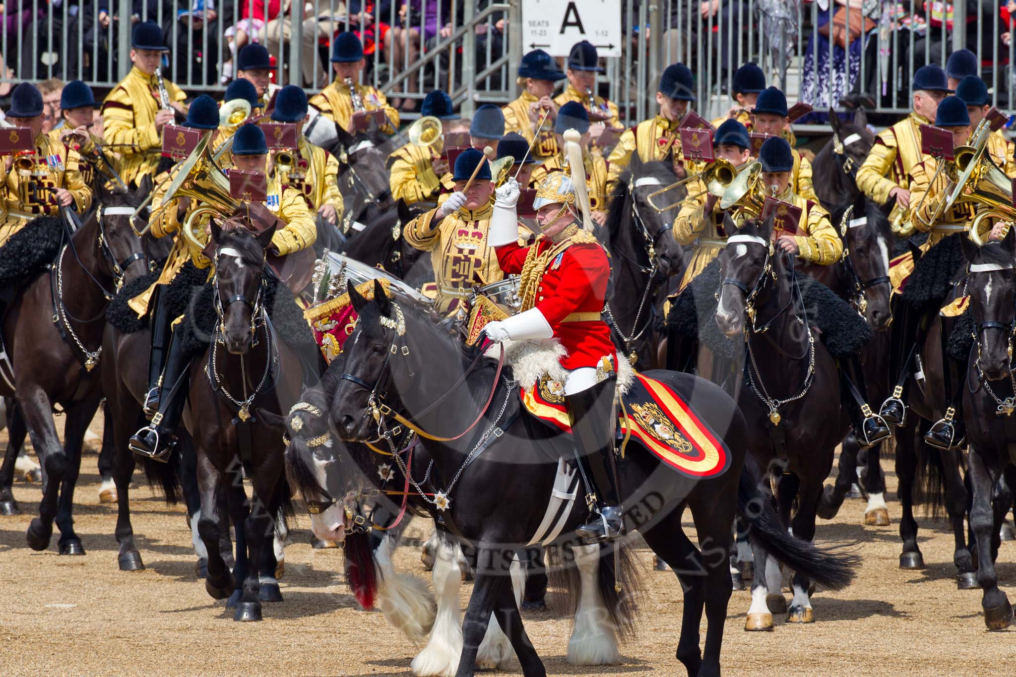 Photo 110611_115355_1D4_4750HaraldJoergens_ Trooping the Colour 2011: The Mounted Bands of the Household Cavalry moving onto the parade ground. In red Major K L Davies, The Life Guards, Director of Music, on his right one of the two kettle drummers..
Horse Guards Parade, Westminster,
London SW1,
Greater London,
United Kingdom,
on 11 June 2011 at 11:53, image #316