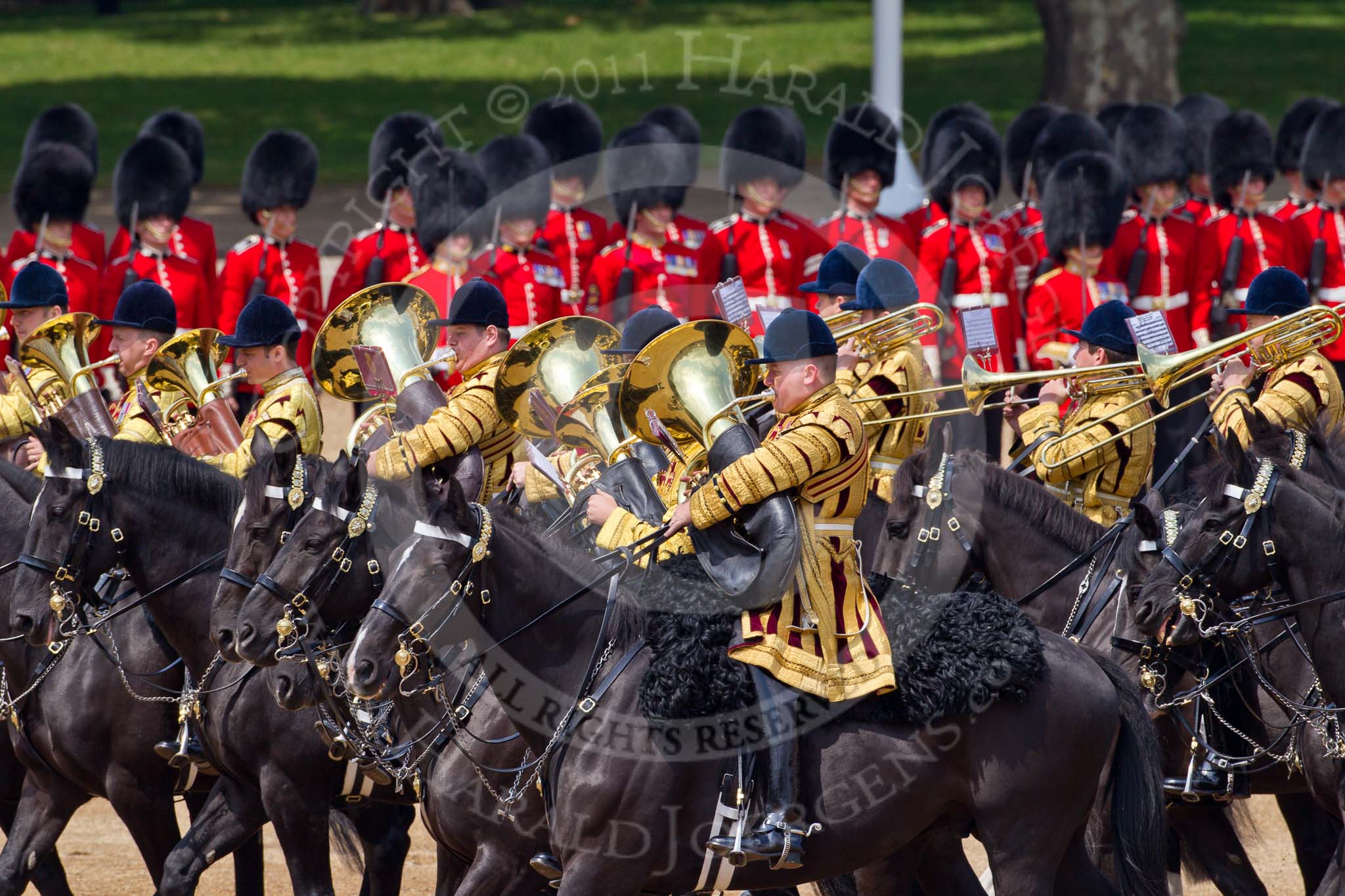 Trooping the Colour 2011: The Mounted Bands of the Household Cavalry playing during the Ride Past..
Horse Guards Parade, Westminster,
London SW1,
Greater London,
United Kingdom,
on 11 June 2011 at 11:54, image #325