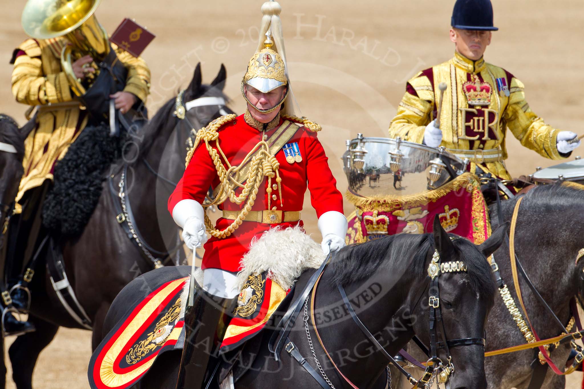 Trooping the Colour 2011: Close-up of the Director of Music, Major K L Davies, The Life Guards, leading the Mounted Bands of the Household Cavalry. Behind hime one of the two kettle drummers..
Horse Guards Parade, Westminster,
London SW1,
Greater London,
United Kingdom,
on 11 June 2011 at 11:55, image #332