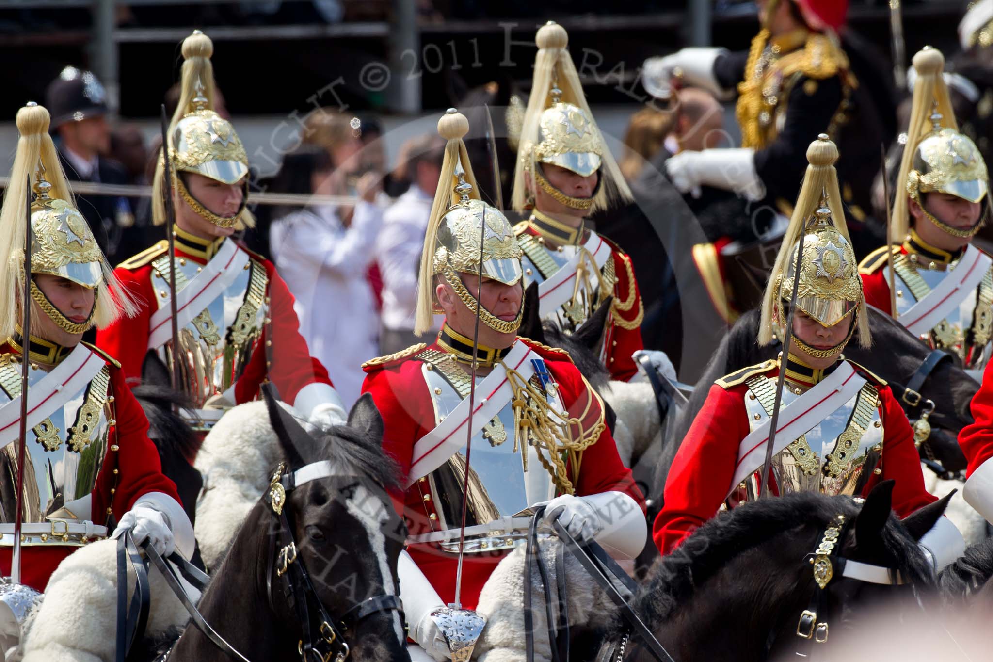 Trooping the Colour 2011: The Household Cavalry on their way around the parade ground, lead by The Life Guards..
Horse Guards Parade, Westminster,
London SW1,
Greater London,
United Kingdom,
on 11 June 2011 at 11:55, image #336