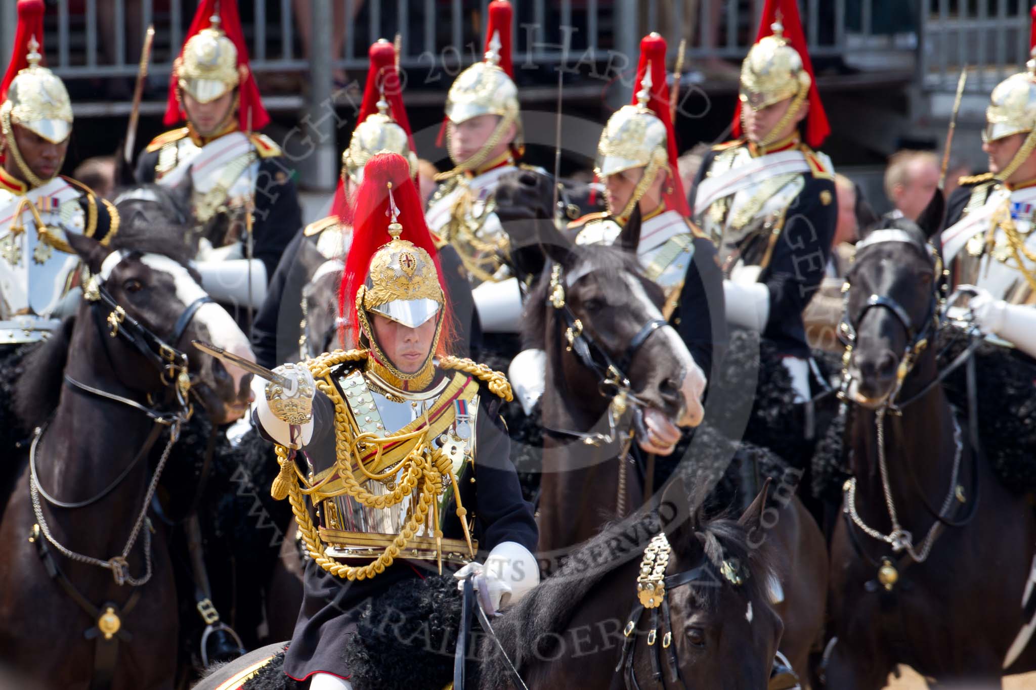 Trooping the Colour 2011: Close-up of Serrefile Captain S S Lukas, The Blues and Royals, leading the Blues and Royals element of the Household Cavalry on their way around the parade ground during the Ride Past..
Horse Guards Parade, Westminster,
London SW1,
Greater London,
United Kingdom,
on 11 June 2011 at 11:55, image #340