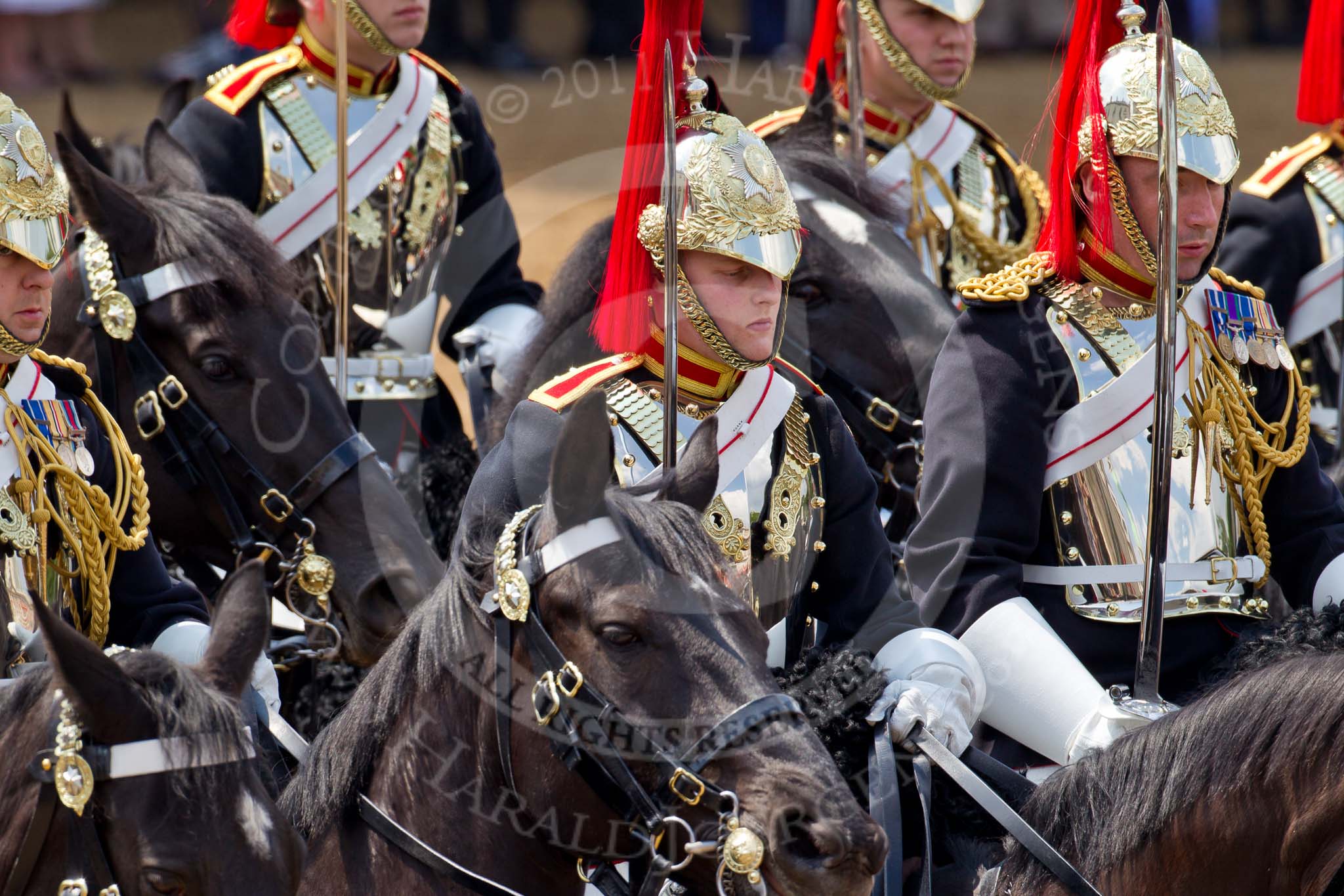 Trooping the Colour 2011: The Household Cavalry on their way around the parade ground during the Ride Past, The Blues and Royals following The Life Guards..
Horse Guards Parade, Westminster,
London SW1,
Greater London,
United Kingdom,
on 11 June 2011 at 11:56, image #346