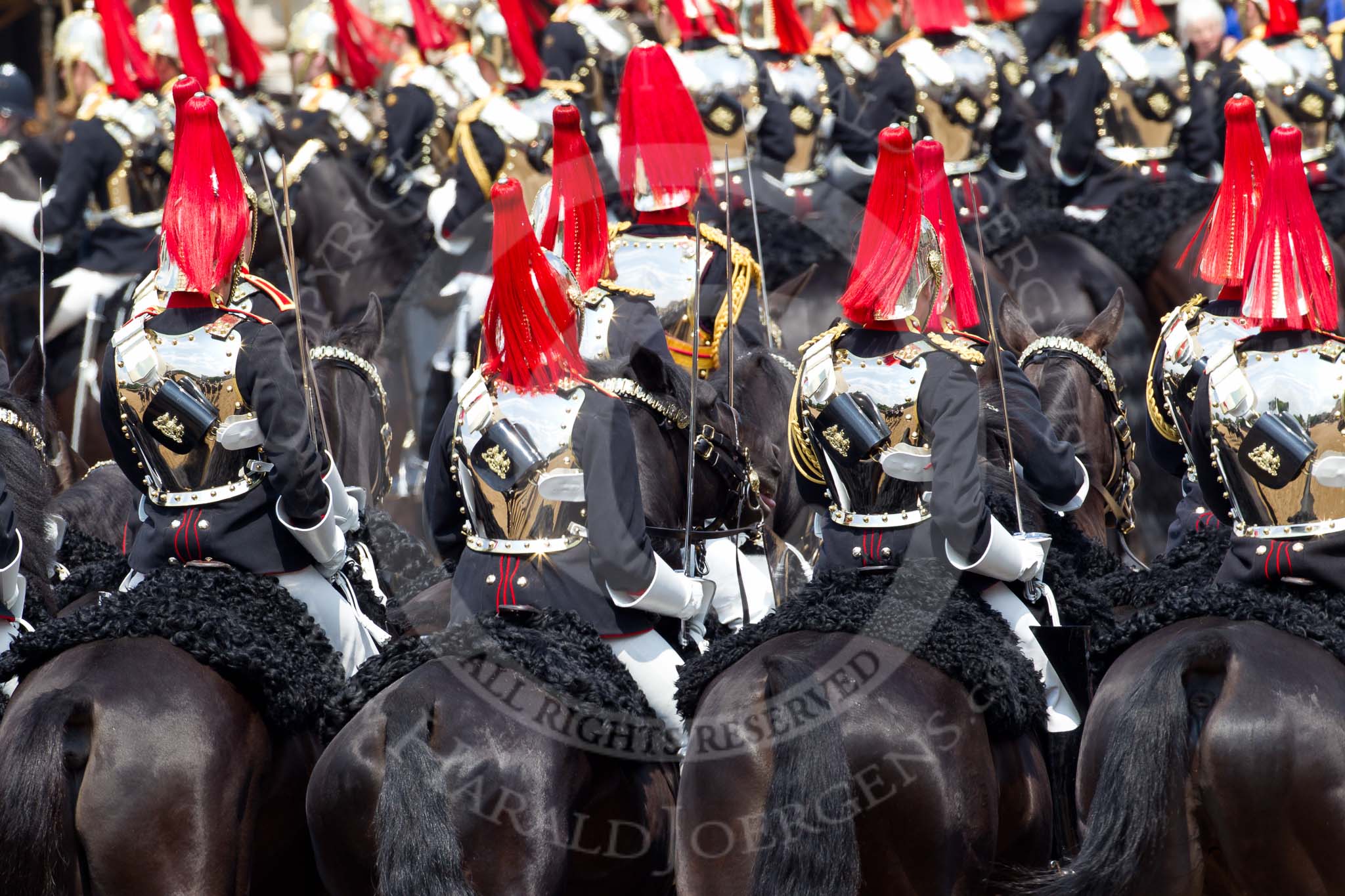Trooping the Colour 2011: The Fourth Division of the Souvereign's Escort, The Blues and Royals (Royal Horse Guards and 1st Dragoons) leaving Horse Guards Parade at the end of the event..
Horse Guards Parade, Westminster,
London SW1,
Greater London,
United Kingdom,
on 11 June 2011 at 11:57, image #352